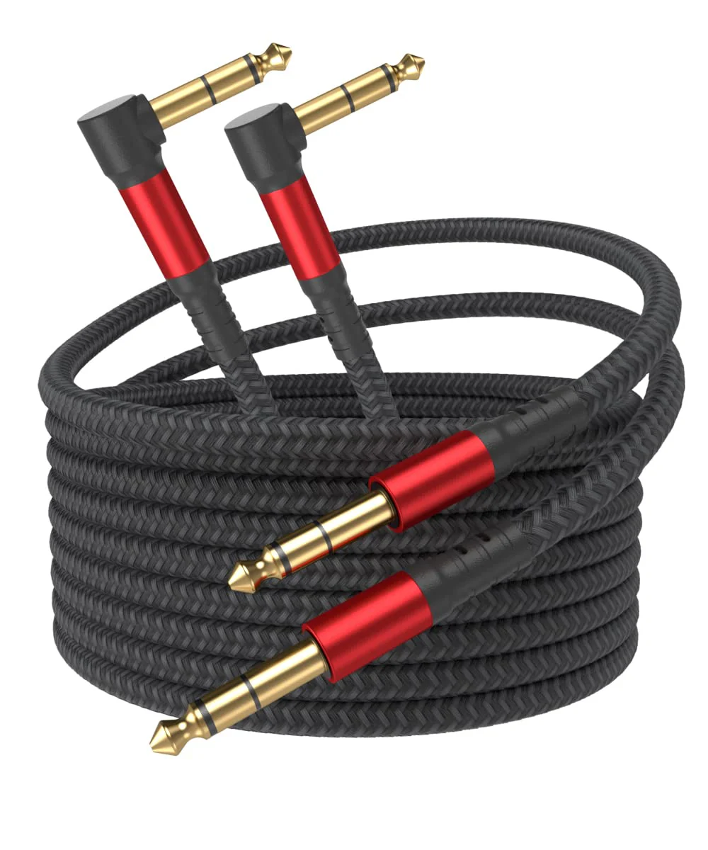 1/4 Inch Cable TRS Guitar Cable 10 ft 2-Pack, Instrument Cable Guitar AMP Cord Straight to Right Angle 6.35mm Male to Male Stereo Audio Cable for Electric Guitar, Bass, Amplifier, etc. 10 feet