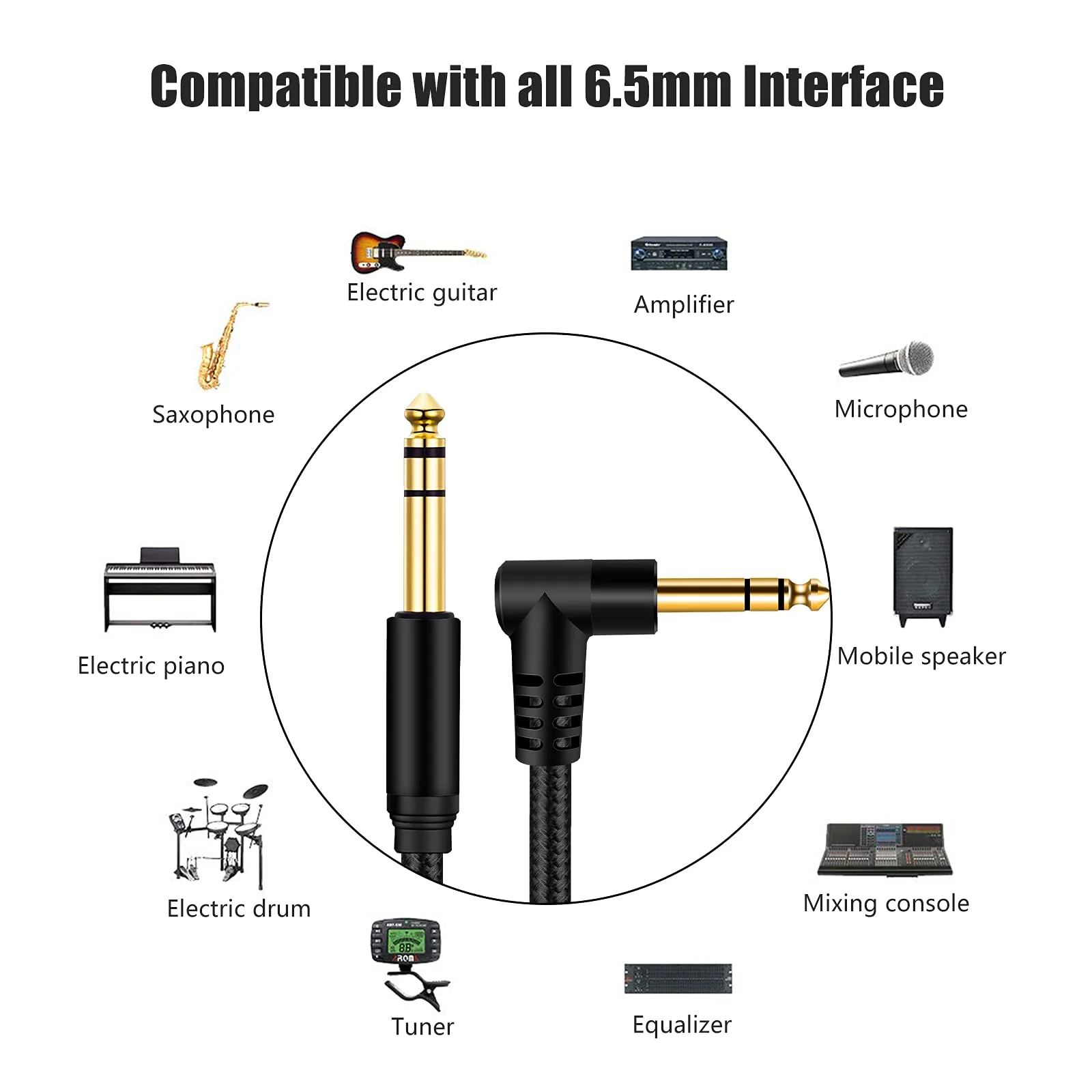 1/4 Inch TRS Instrument Cable 50Ft, 6.35mm TRS to 6.35mm TRS Stereo Audio Cable Male to Male Right-Angle-to-Straight for Electric Guitar, Bass, Keyboard,Mixer,Amplifier,Speaker,Equalizer... Black - Image 2