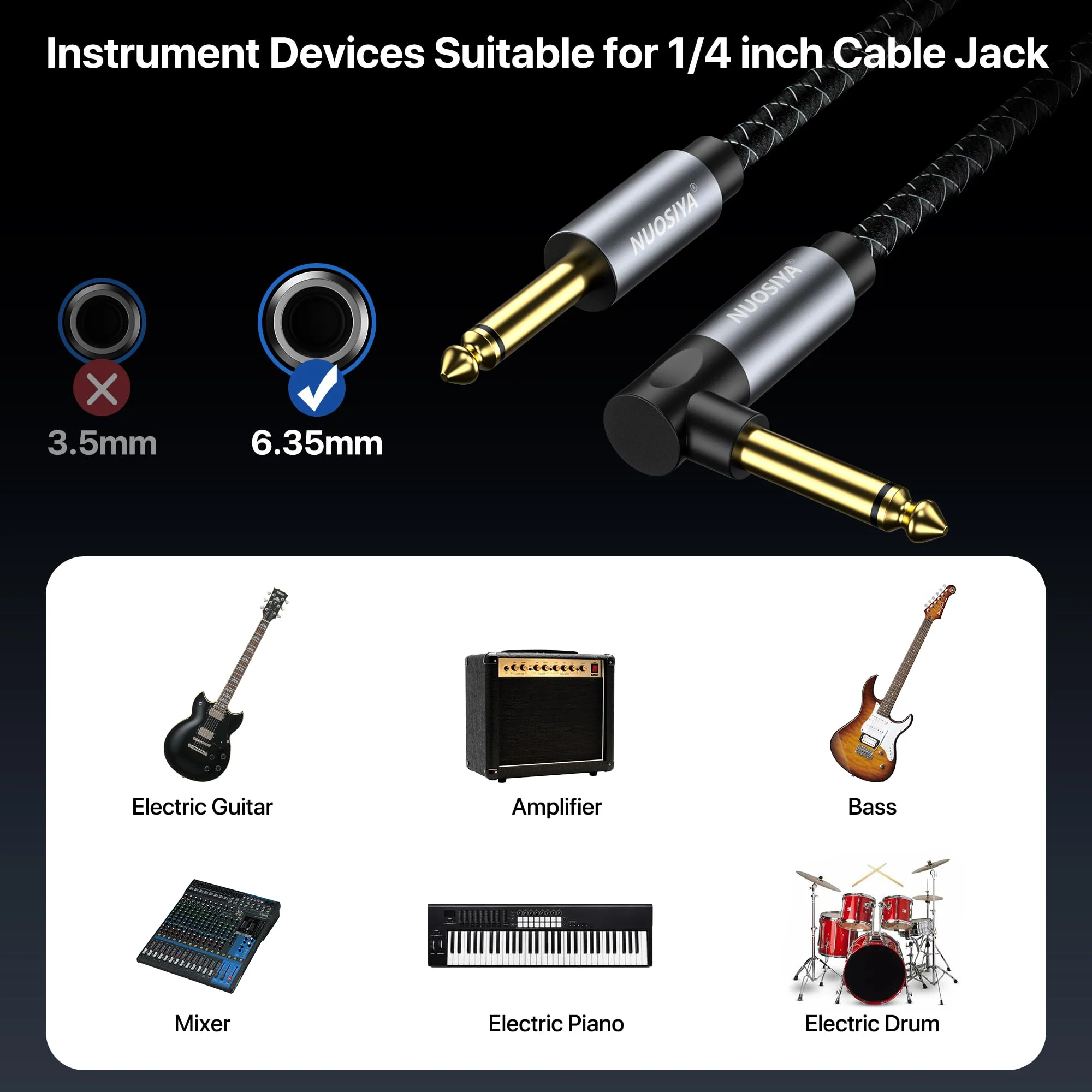 1/4 Inch TS to TS Guitar Cable 20FT Electric Instrument Bass AMP Cord Braided Guitar Cables for Electric Guitar, Bass AMP, Keyboard, Mixer, Equalizer (Straight to Right Angle) Braided Black - Image 6