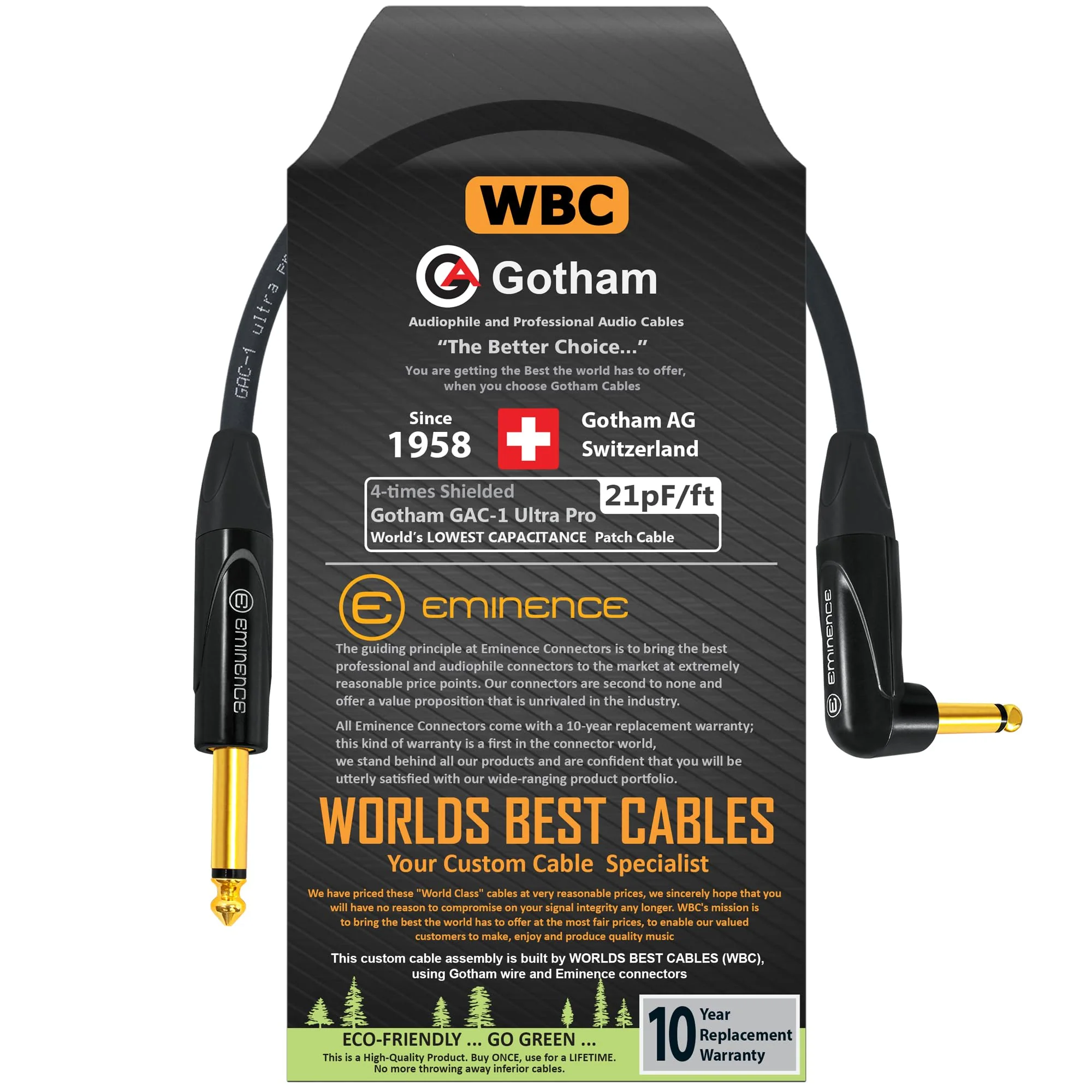 1 Foot - Gotham GAC-1 Ultra Pro - Premium, Low-Capacitance Guitar Bass Instrument Cable - with Straight to Angled 1/4 Inch Eminence Gold Plated Connectors