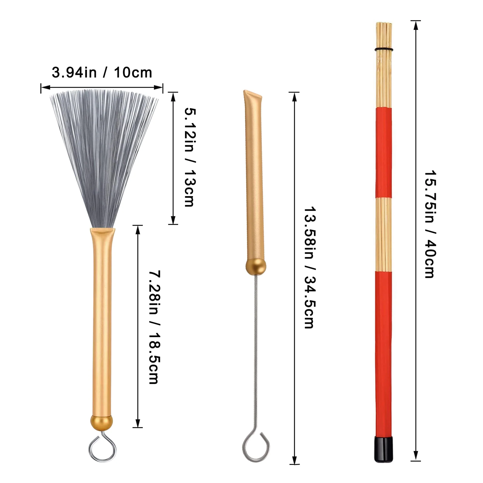 1 Pair Retractable Drum Wire Brushes with Comfortable Aluminum Handles and 1 Pair Rods Drum Sricks Brush for Jazz Cajon Folk Rock Band Drummers Amateurs Beginners (Gold) Gold - Image 2