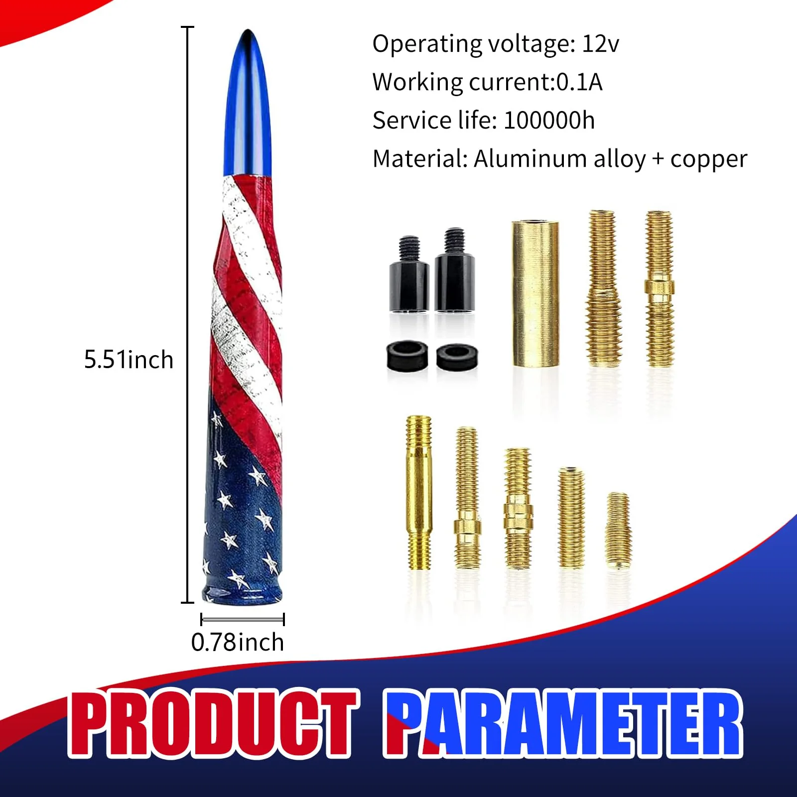 1 PC Car American Flag Bullet Antenna, 5.51" x 0.78" Anti-Theft Security Antenna, Stable Signal Receiving Antenna with Threaded Mounting Accessories, for Most Car Models (Blue) Medium Blue #American Flag - Image 2