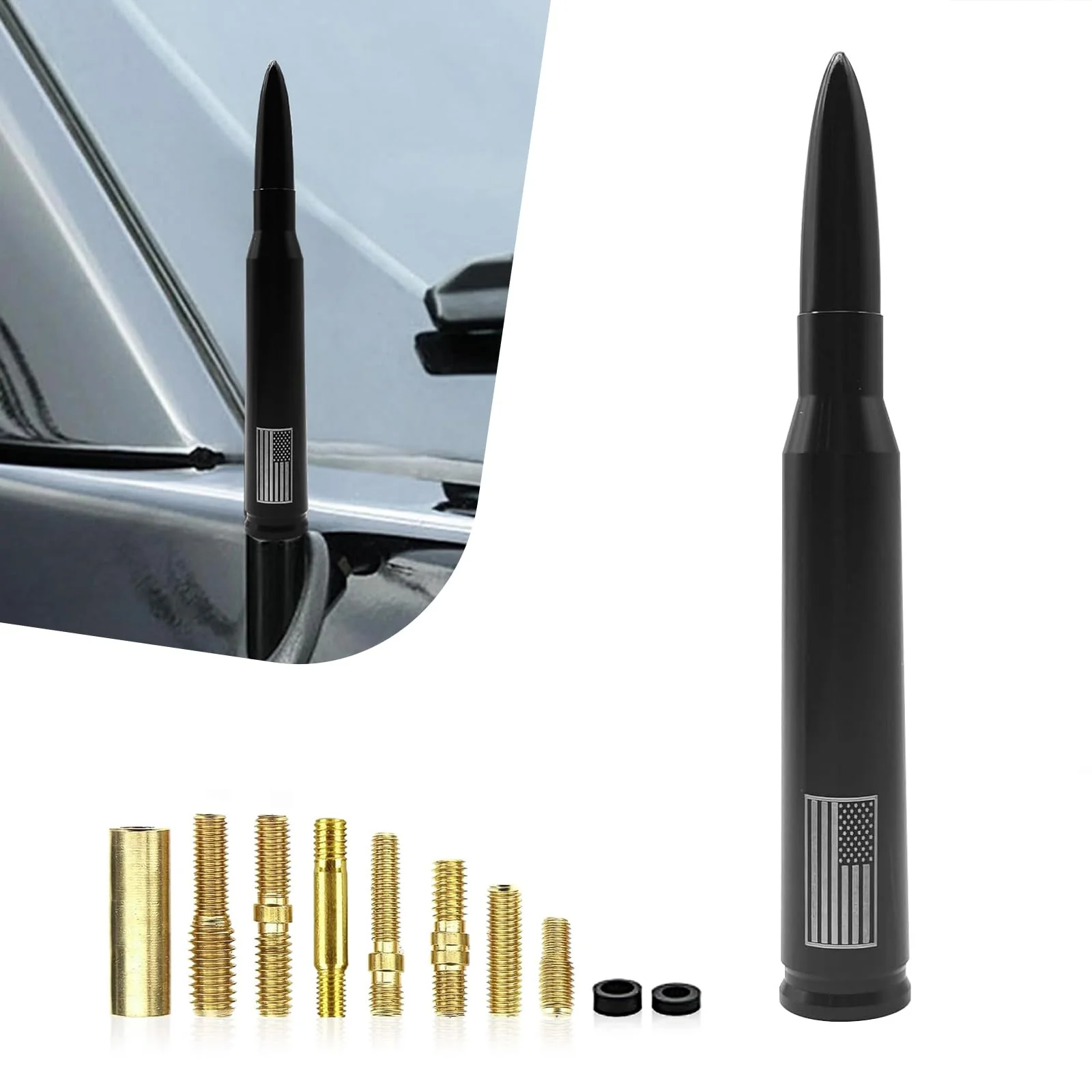 1 PC Car Bullet Antenna, Retractable Antenna Replacement, Enhanced Signal Receiver, Antenna with Screw Spacer, Compatible with Ford F150 Wrangler Jeep Chevrolet (Black) Medium Black