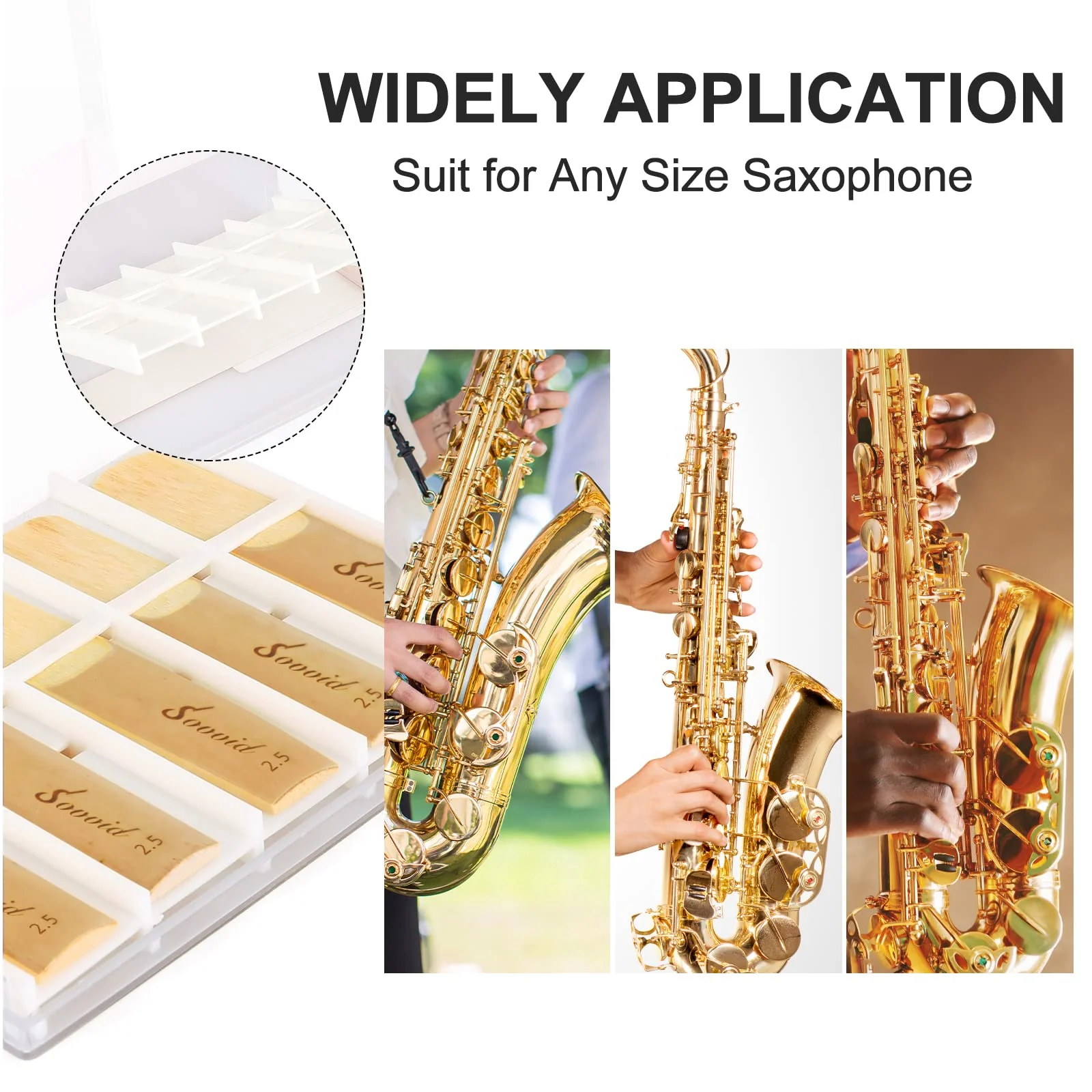 10 Pack Professional Alto Saxophone Reeds with Plastic Box, Strength 2.5 Alto Sax Reeds, Laser Engraved Marking & Thinner Reed Tip for Easy of Play, Traditional Reeds for Saxophone Alto Light Brown - Image 6