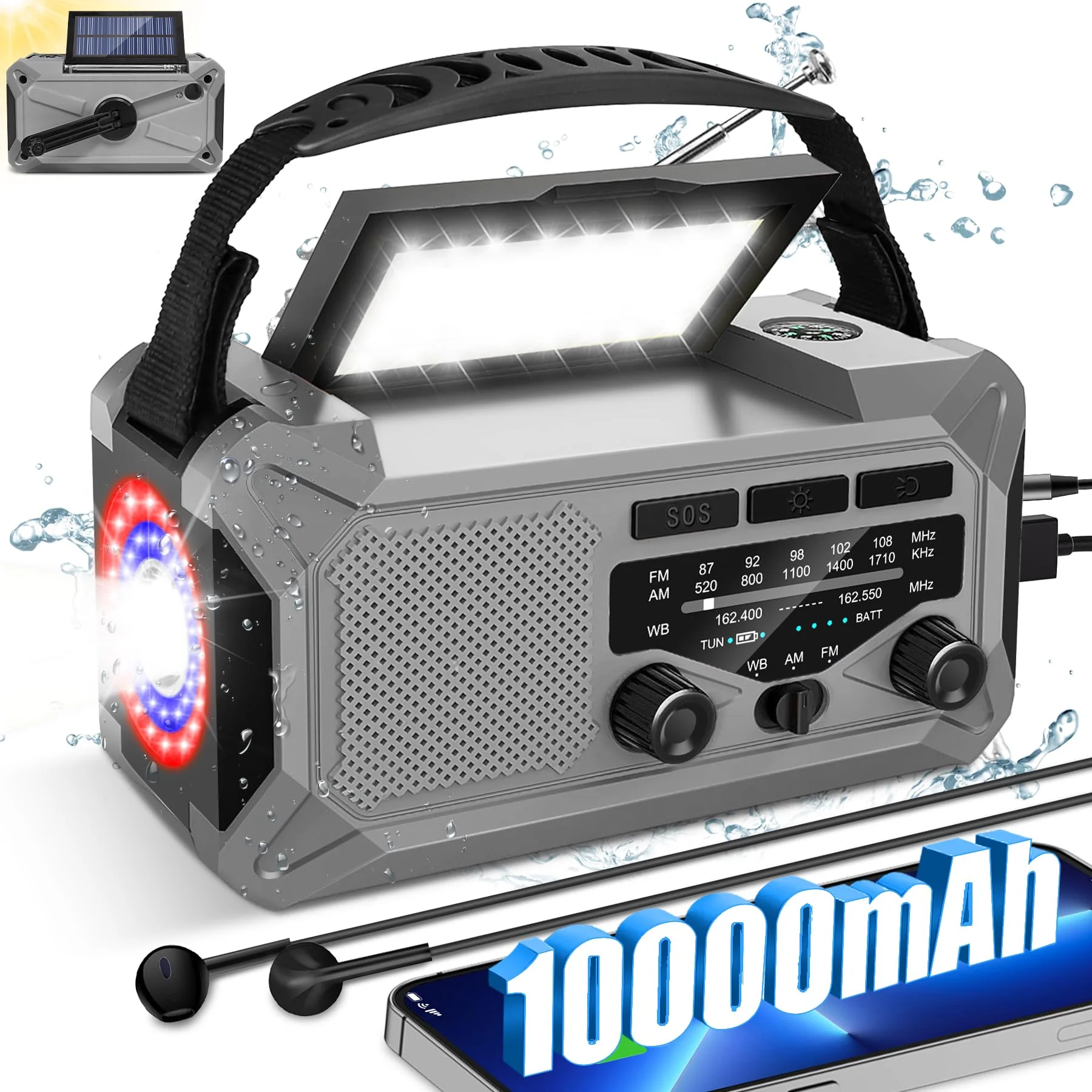 10000mAh Emergency Weather Radio with Solar Charging, Hand Crank Radio Solar Radio Portable Radio AM/FM/NOAA Radio LED Flashlight Reading Lamp Compass Phone Charger Outdoor Camping-Grey Grey