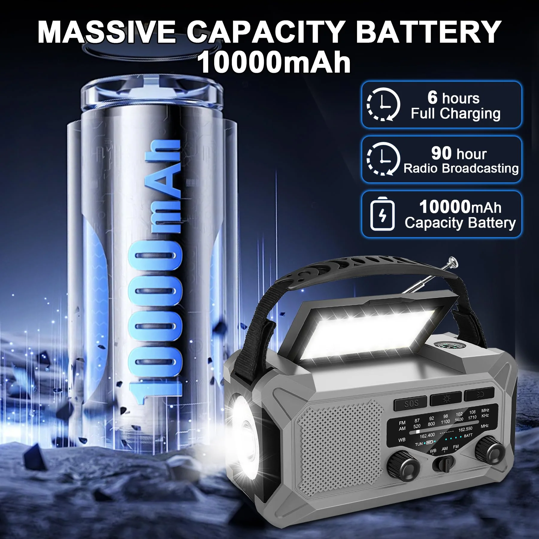 10000mAh Emergency Weather Radio with Solar Charging, Hand Crank Radio Solar Radio Portable Radio AM/FM/NOAA Radio LED Flashlight Reading Lamp Compass Phone Charger Outdoor Camping-Grey Grey - Image 2