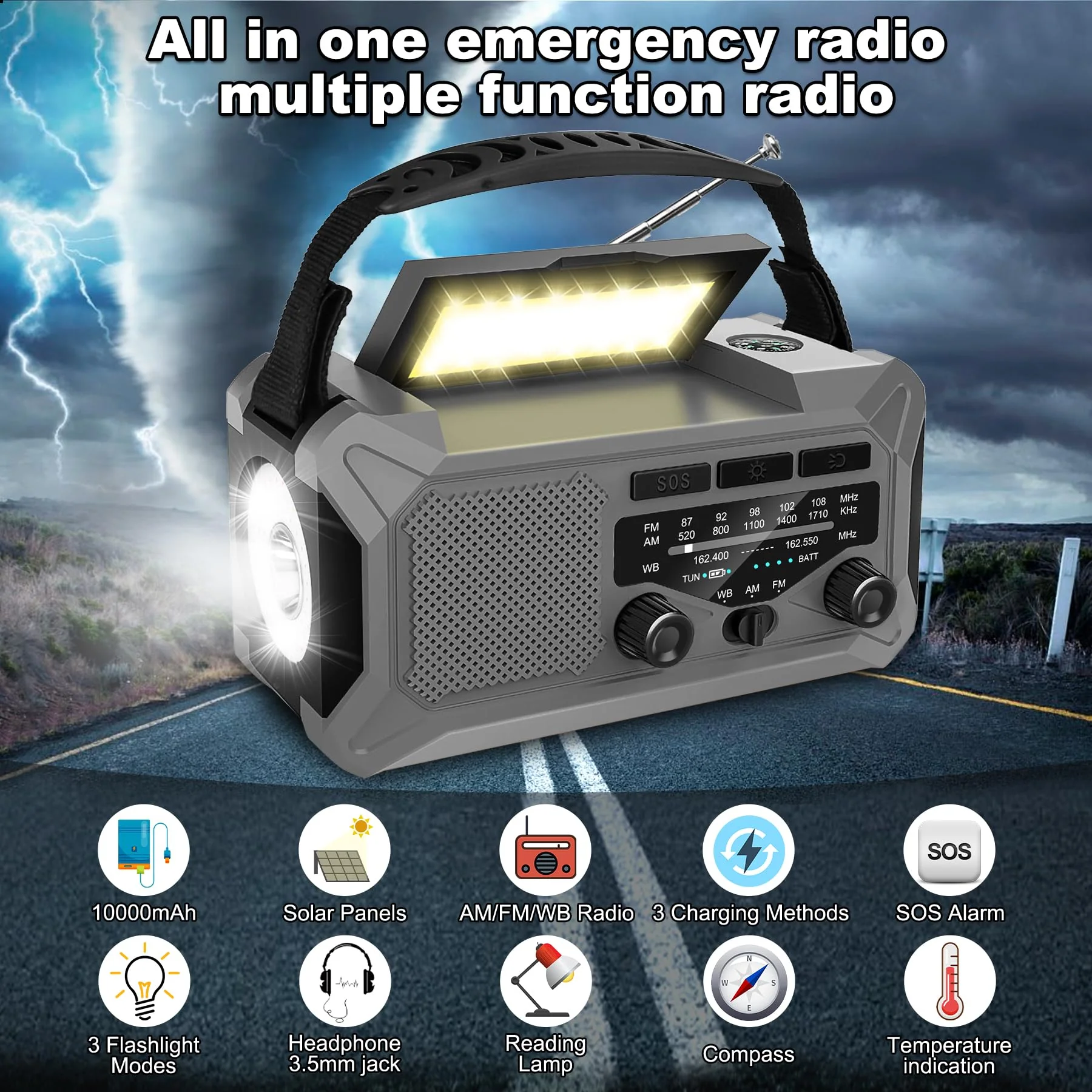 10000mAh Emergency Weather Radio with Solar Charging, Hand Crank Radio Solar Radio Portable Radio AM/FM/NOAA Radio LED Flashlight Reading Lamp Compass Phone Charger Outdoor Camping-Grey Grey - Image 3