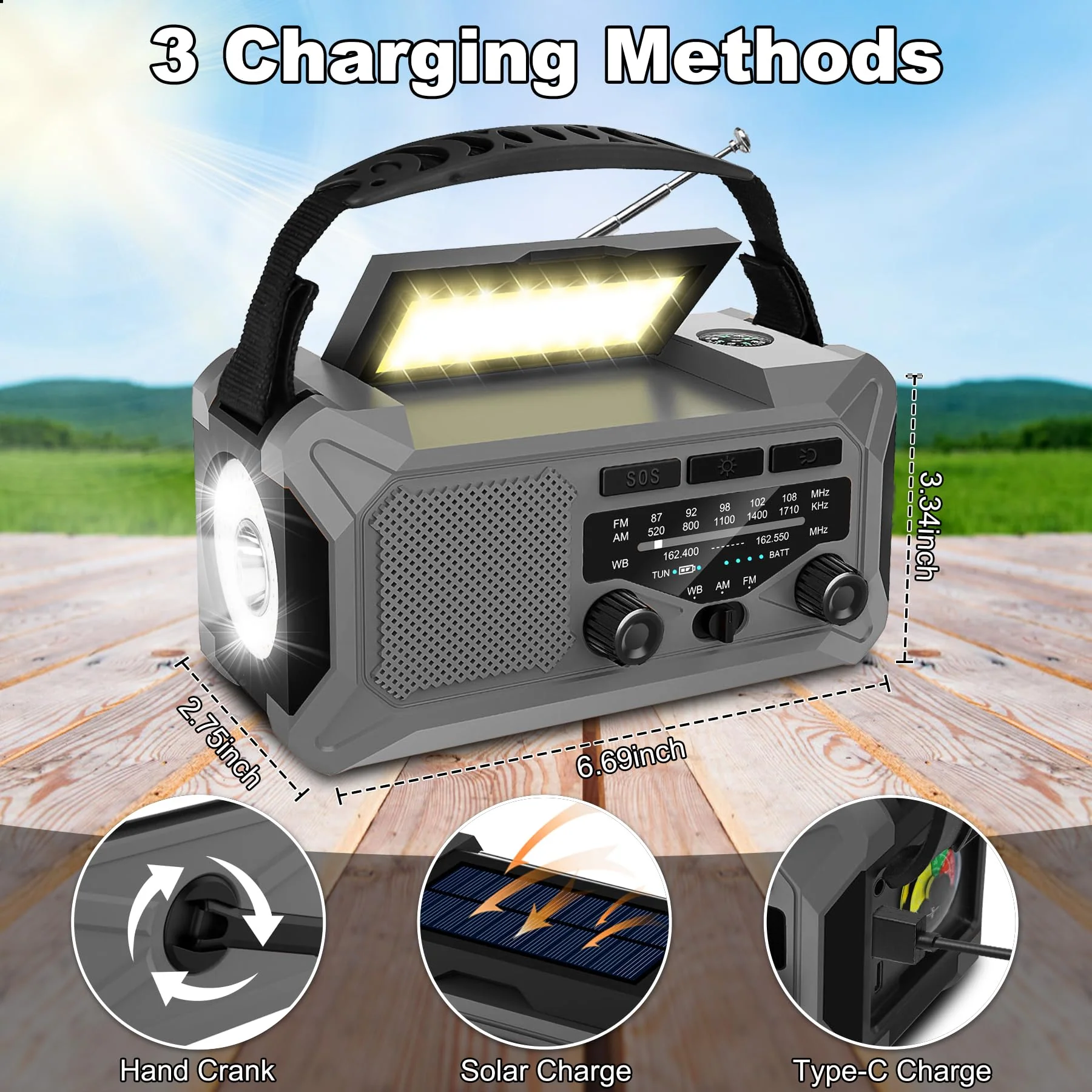 10000mAh Emergency Weather Radio with Solar Charging, Hand Crank Radio Solar Radio Portable Radio AM/FM/NOAA Radio LED Flashlight Reading Lamp Compass Phone Charger Outdoor Camping-Grey Grey - Image 4