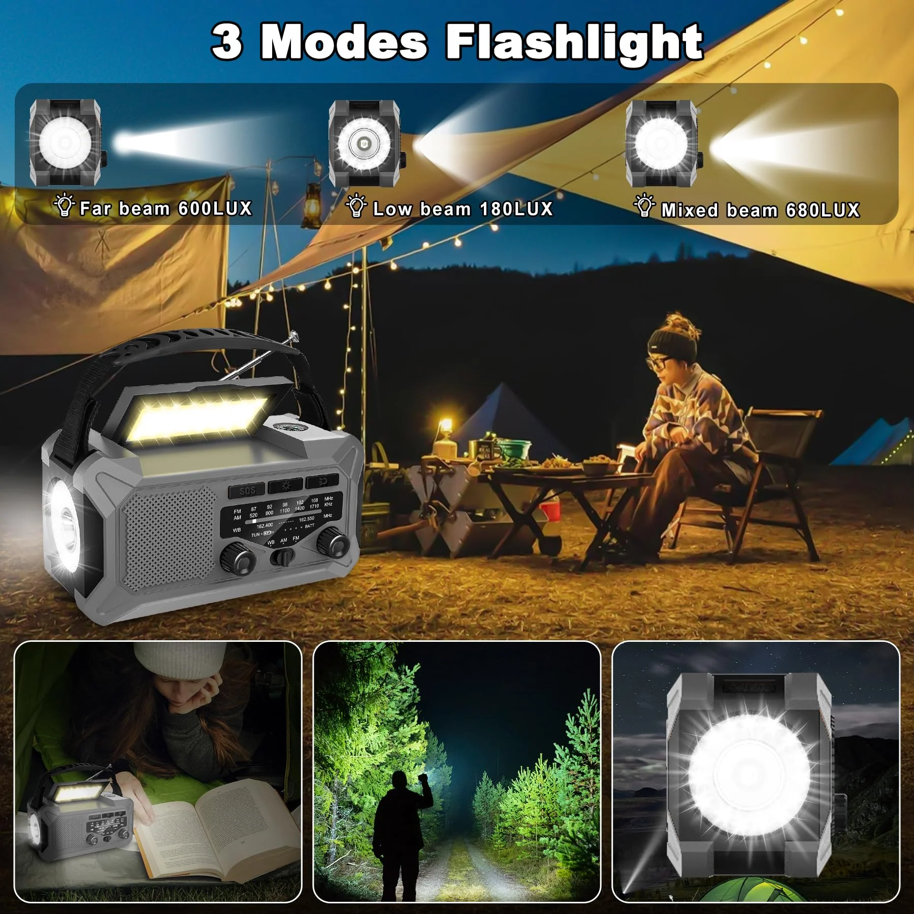 10000mAh Emergency Weather Radio with Solar Charging, Hand Crank Radio Solar Radio Portable Radio AM/FM/NOAA Radio LED Flashlight Reading Lamp Compass Phone Charger Outdoor Camping-Grey Grey - Image 5