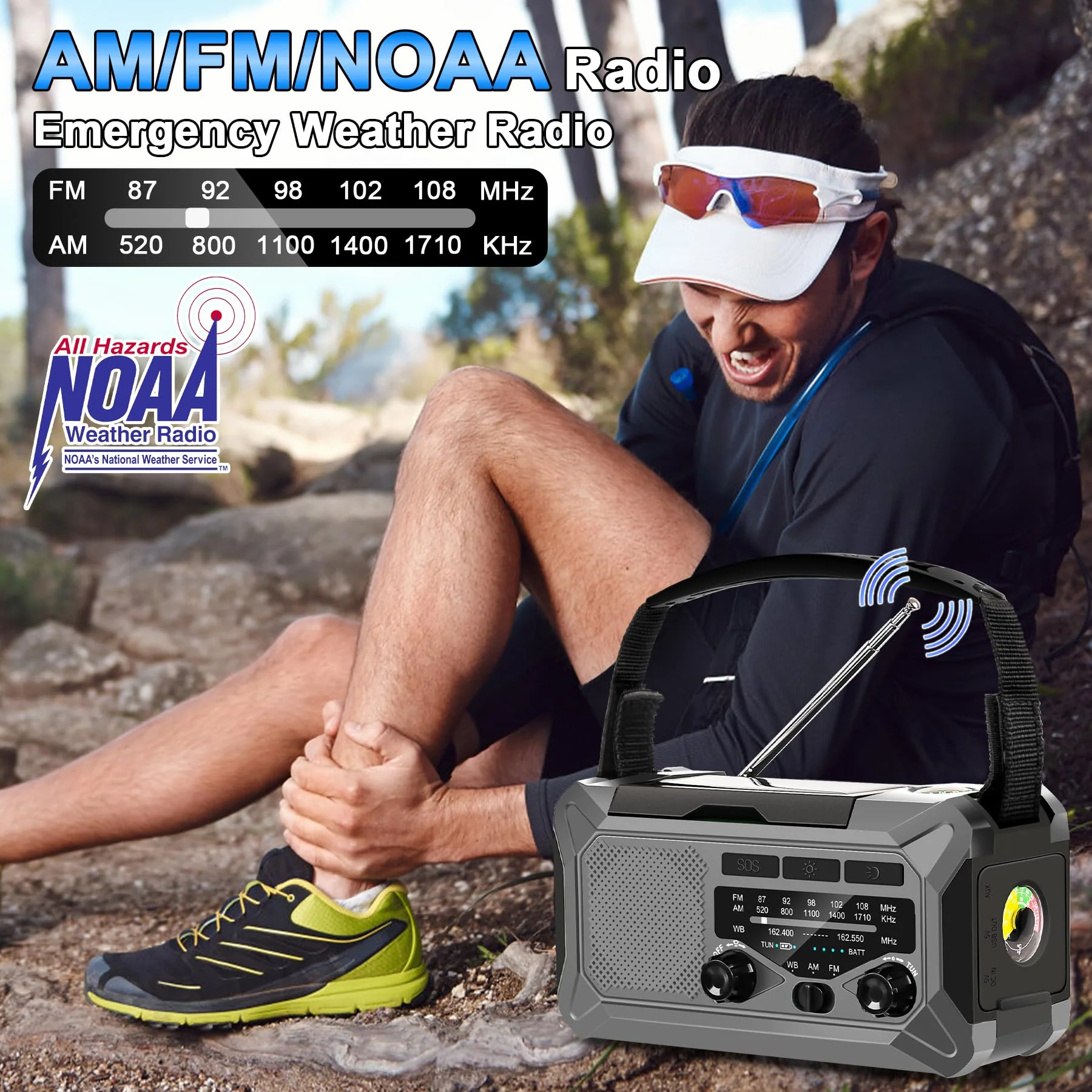 10000mAh Emergency Weather Radio with Solar Charging, Hand Crank Radio Solar Radio Portable Radio AM/FM/NOAA Radio LED Flashlight Reading Lamp Compass Phone Charger Outdoor Camping-Grey Grey - Image 6
