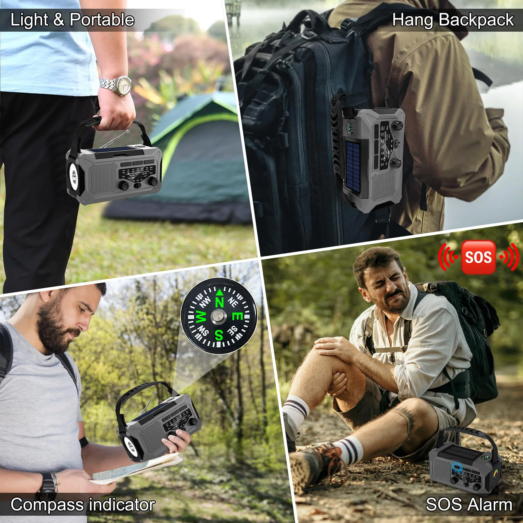 10000mAh Emergency Weather Radio with Solar Charging, Hand Crank Radio Solar Radio Portable Radio AM/FM/NOAA Radio LED Flashlight Reading Lamp Compass Phone Charger Outdoor Camping-Grey Grey - Image 9