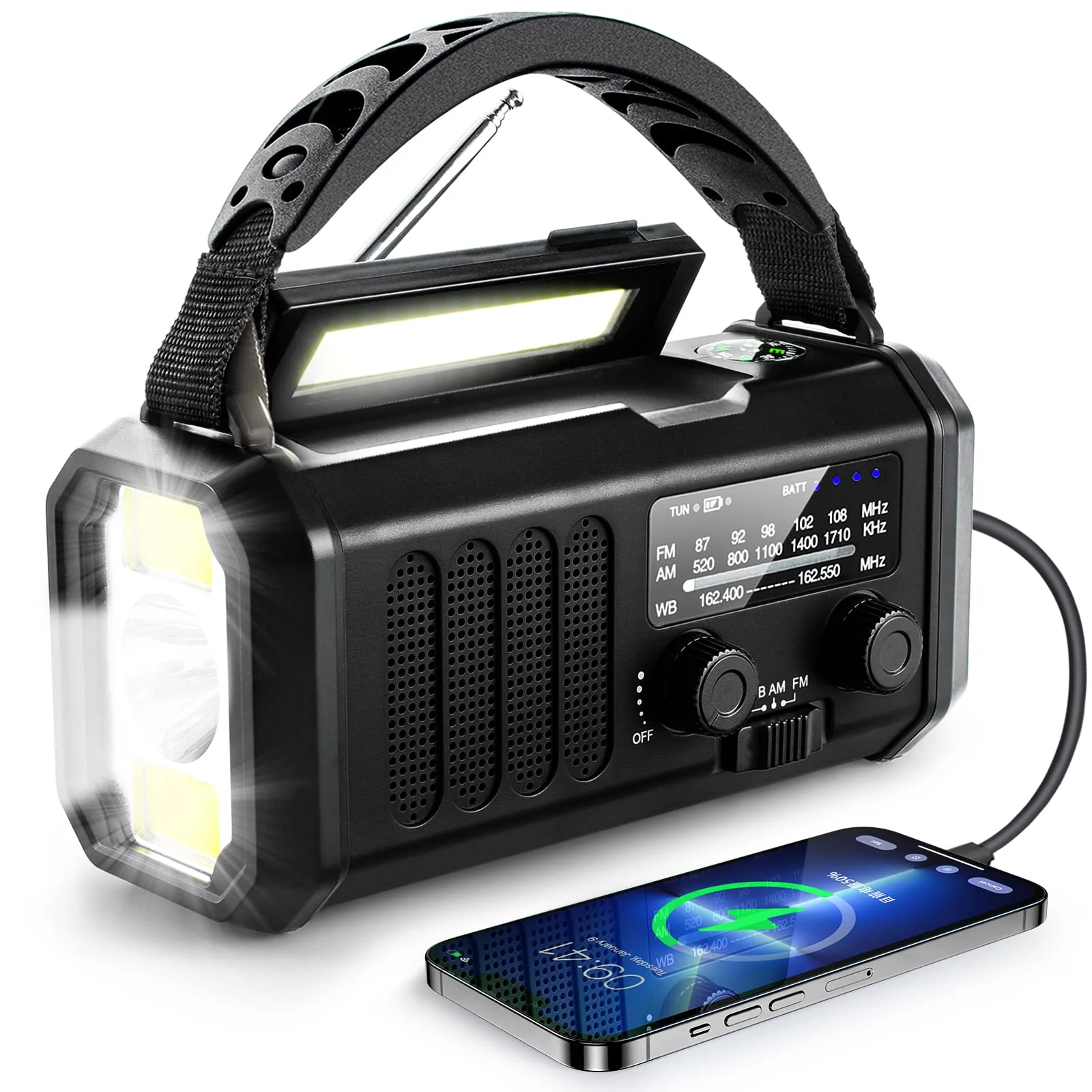 10000mAh Solar Radio, Crank Radio, Emergency Radio, NOAA/AM/FM Weather Radio, USB Type-C Charging,Dynamo Radio,Polymer Battery,Torch & LED Reading Light, SOS Alarm,Compass for Camping black
