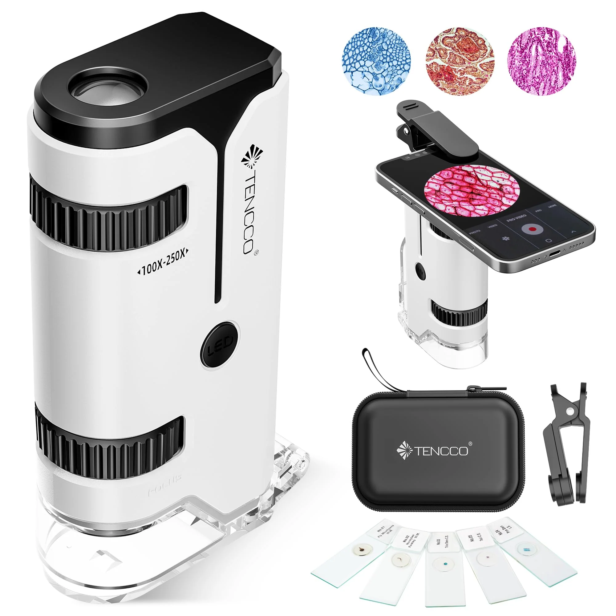 100x-250x Mini Pocket Microscope for Kids Adults, Protable Handheld Microscope with 5 Microscope Slides, Phone Adapter, Miniscope Portable Microscope Kit for Kids Adults Science Lab Education,White White