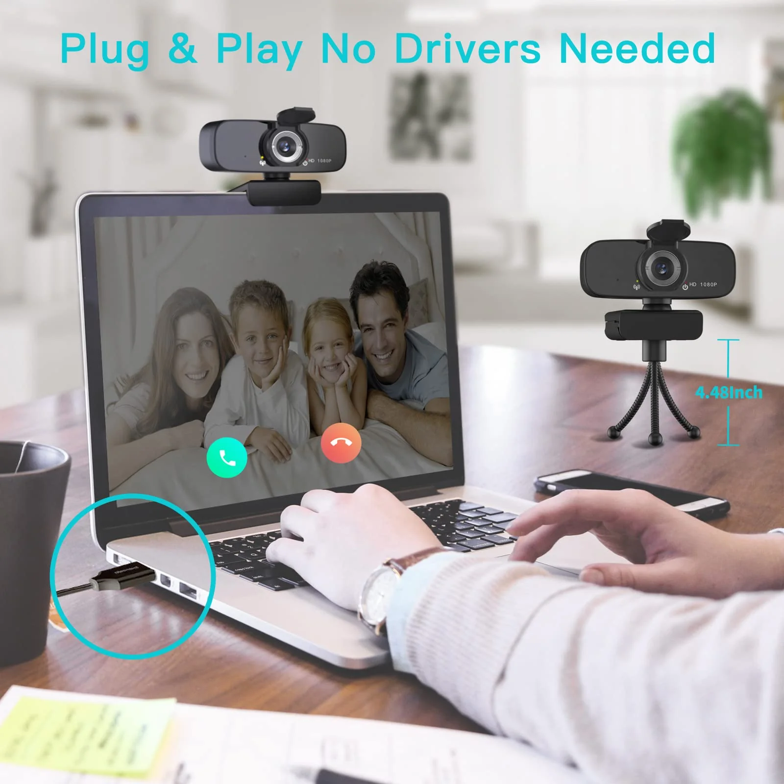 1080P HD Webcam with Microphone for Desktop, USB Computer Camera with Web Cam Cover&Web Camera Stand, 110-degree Wide Angle Streaming Webcam for PC Zoom/Video Calling/Gaming/Laptop/Conferencing Black - Image 2