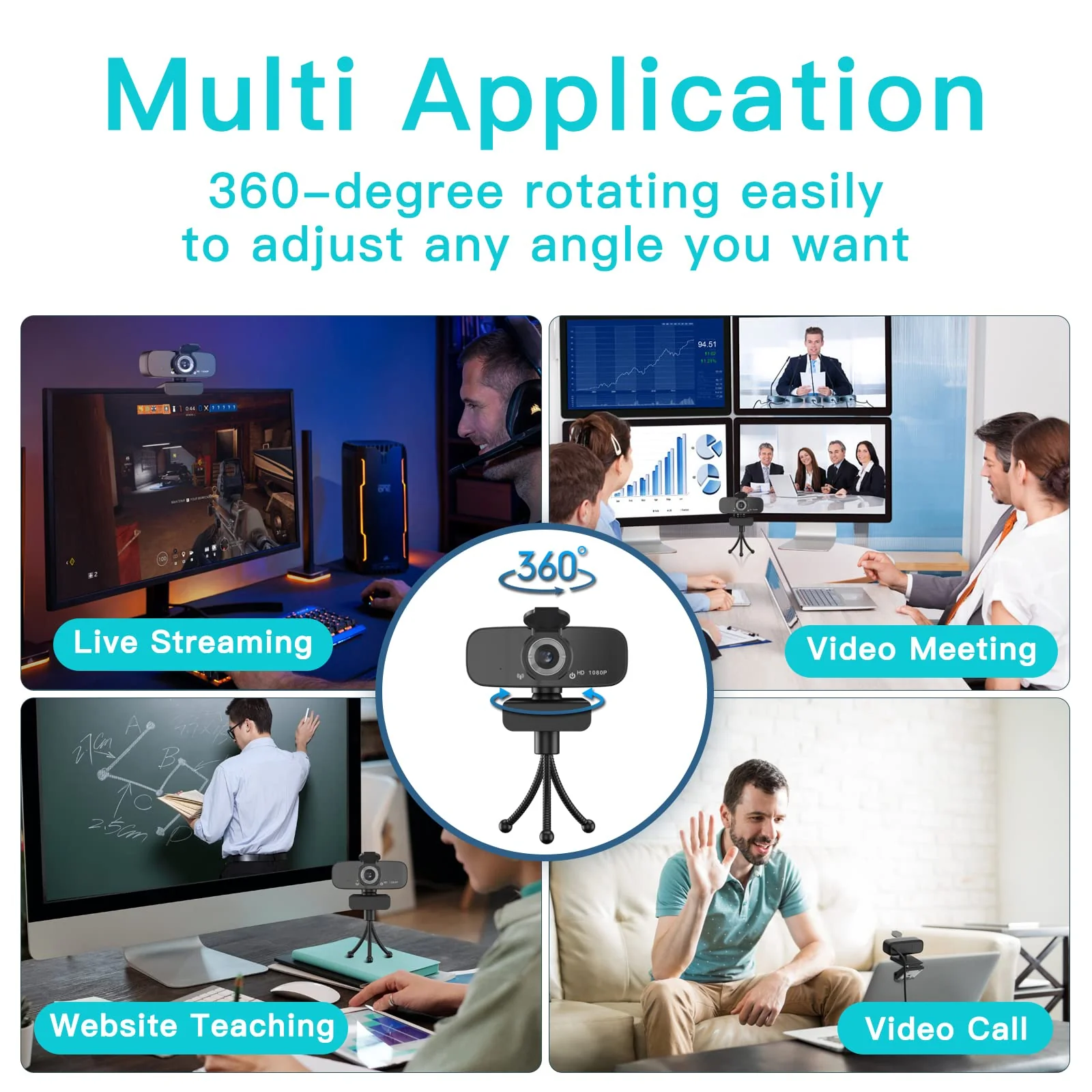 1080P HD Webcam with Microphone for Desktop, USB Computer Camera with Web Cam Cover&Web Camera Stand, 110-degree Wide Angle Streaming Webcam for PC Zoom/Video Calling/Gaming/Laptop/Conferencing Black - Image 6