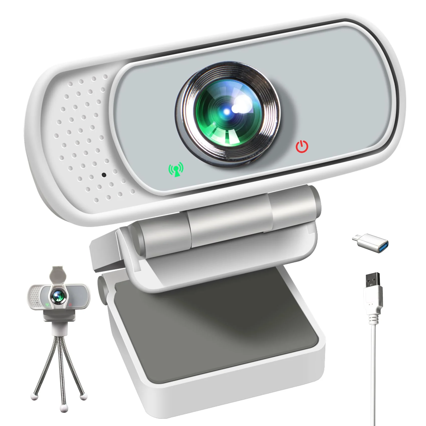 1080P Webcam with Mic, Pro Streaming Web Camera with Privacy Cover and Stand, Widescreen USB Computer Camera for PC Mac Laptop Desktop, USB C to USB Adapter Included White(New Upgraded) White Webcam with USB-C Adapter