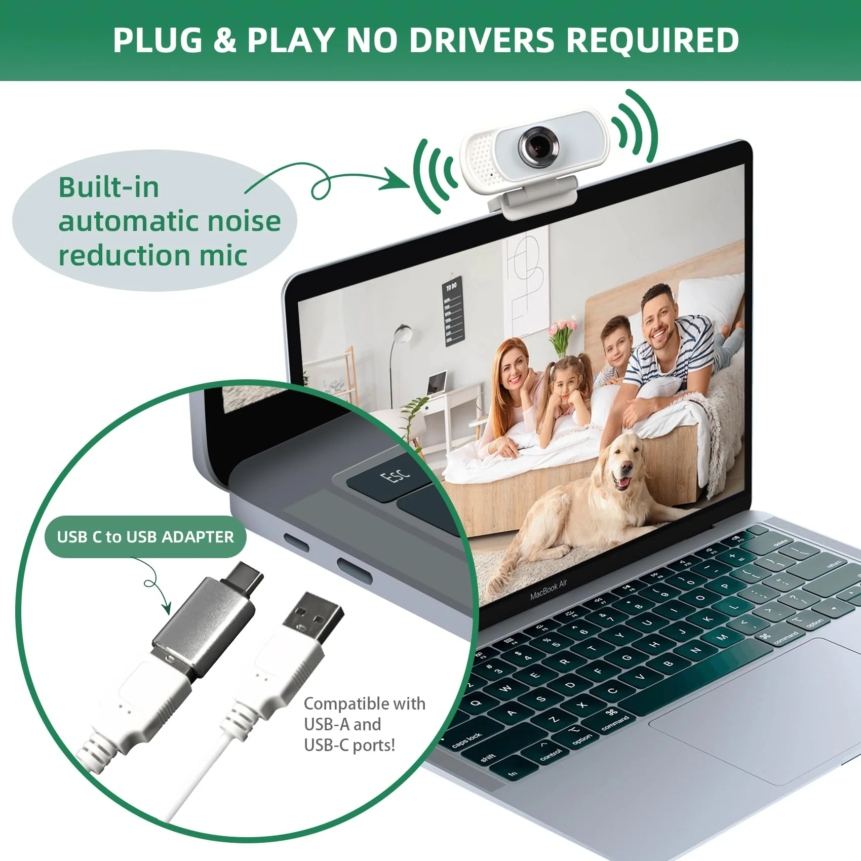1080P Webcam with Mic, Pro Streaming Web Camera with Privacy Cover and Stand, Widescreen USB Computer Camera for PC Mac Laptop Desktop, USB C to USB Adapter Included White(New Upgraded) White Webcam with USB-C Adapter - Image 4