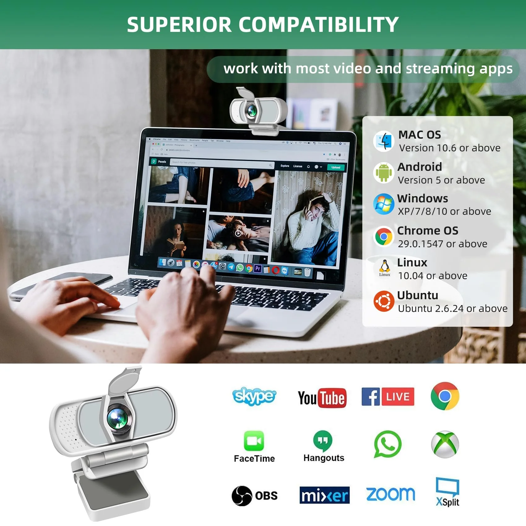1080P Webcam with Mic, Pro Streaming Web Camera with Privacy Cover and Stand, Widescreen USB Computer Camera for PC Mac Laptop Desktop, USB C to USB Adapter Included White(New Upgraded) White Webcam with USB-C Adapter - Image 6