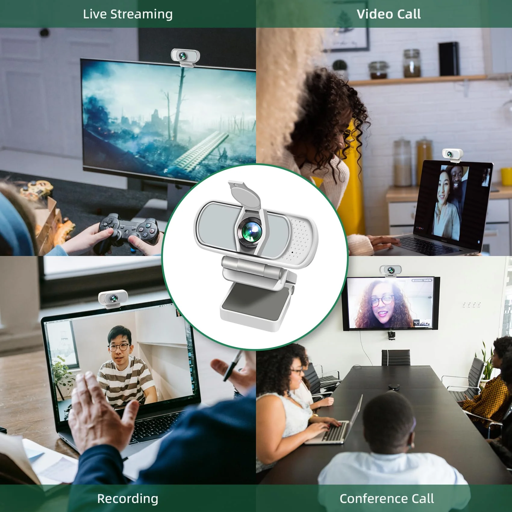 1080P Webcam with Mic, Pro Streaming Web Camera with Privacy Cover and Stand, Widescreen USB Computer Camera for PC Mac Laptop Desktop, USB C to USB Adapter Included White(New Upgraded) White Webcam with USB-C Adapter - Image 7
