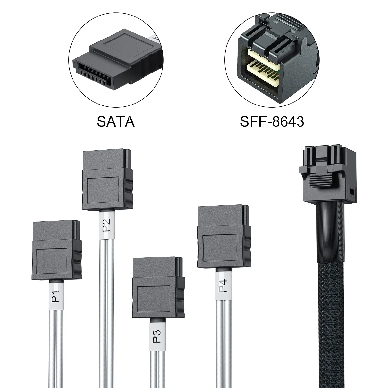 10Gtek MiniSAS HD SFF-8643 Breakout to 4xSATA Cable, Compatible with Raid Controller Hard Drive, 0.75~0.8m(2.46~2.62ft) 8643-4xSATA - Image 2