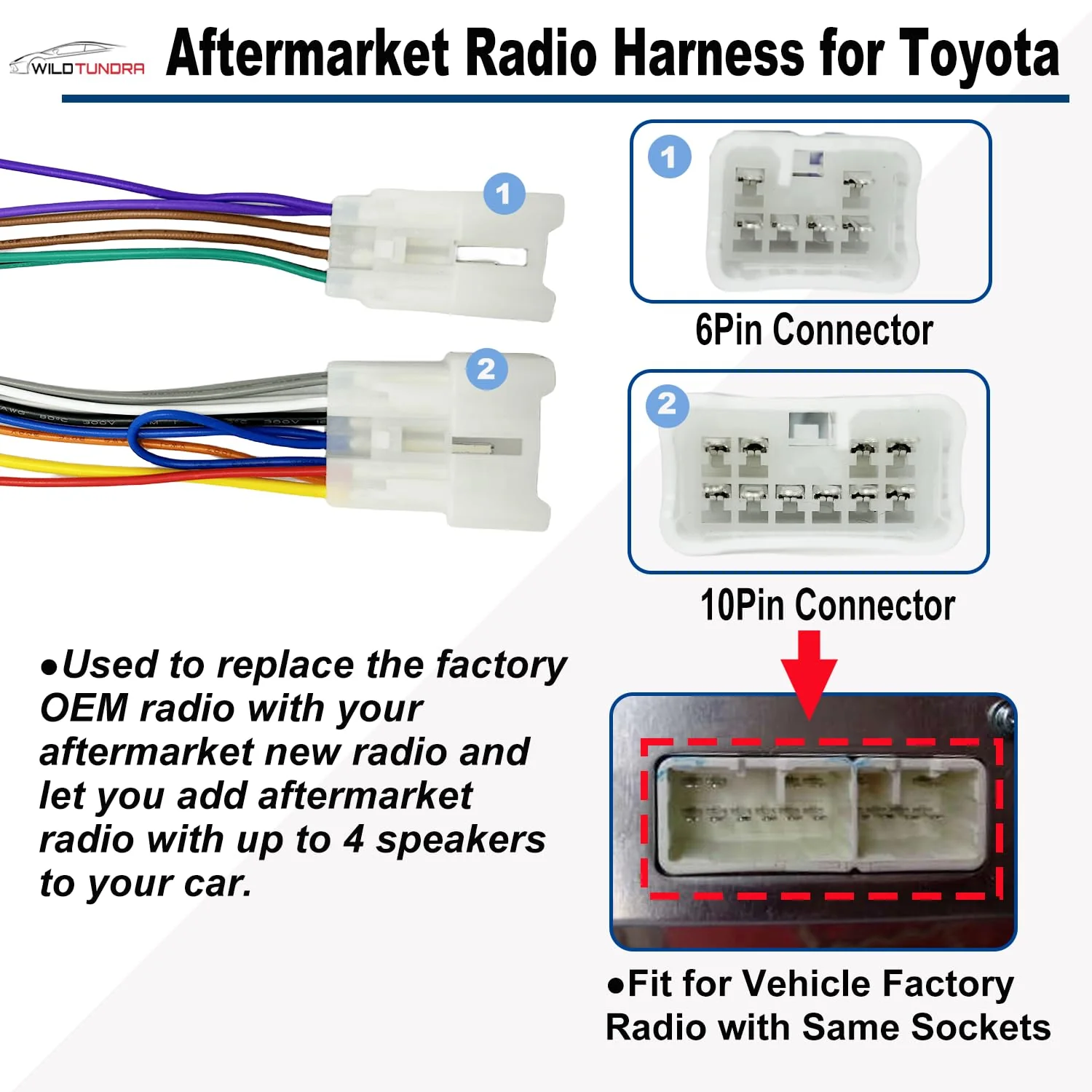 10Pin&6Pin Radio Wiring Harness with Antenna Kit compatible with Toyota Camry Corolla RAV4 4Runner Highlander Prius Aftermarket Radio Stereo Wire Harness Adapter Car Stereo Power Speaker Wire Harness Toyota, 2 Connectors with Antenna - Image 3