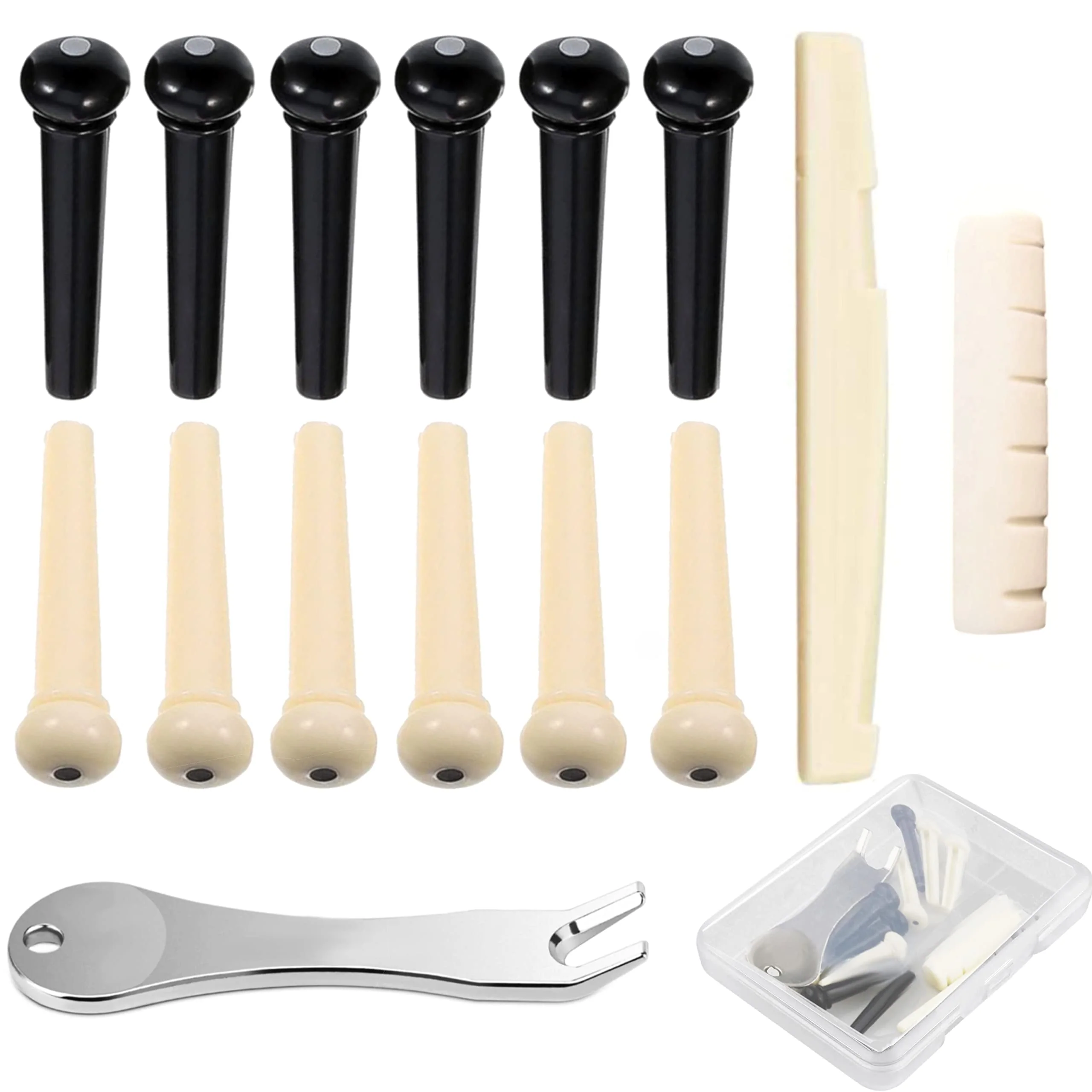 12 Pcs Acoustic Guitar Bridge Pins with Bridge Pin Puller Remover & Guitar Bridge Saddle Nut, Guitar Pegs Replacement Parts and Accessories 12 Pcs Pin Pegs