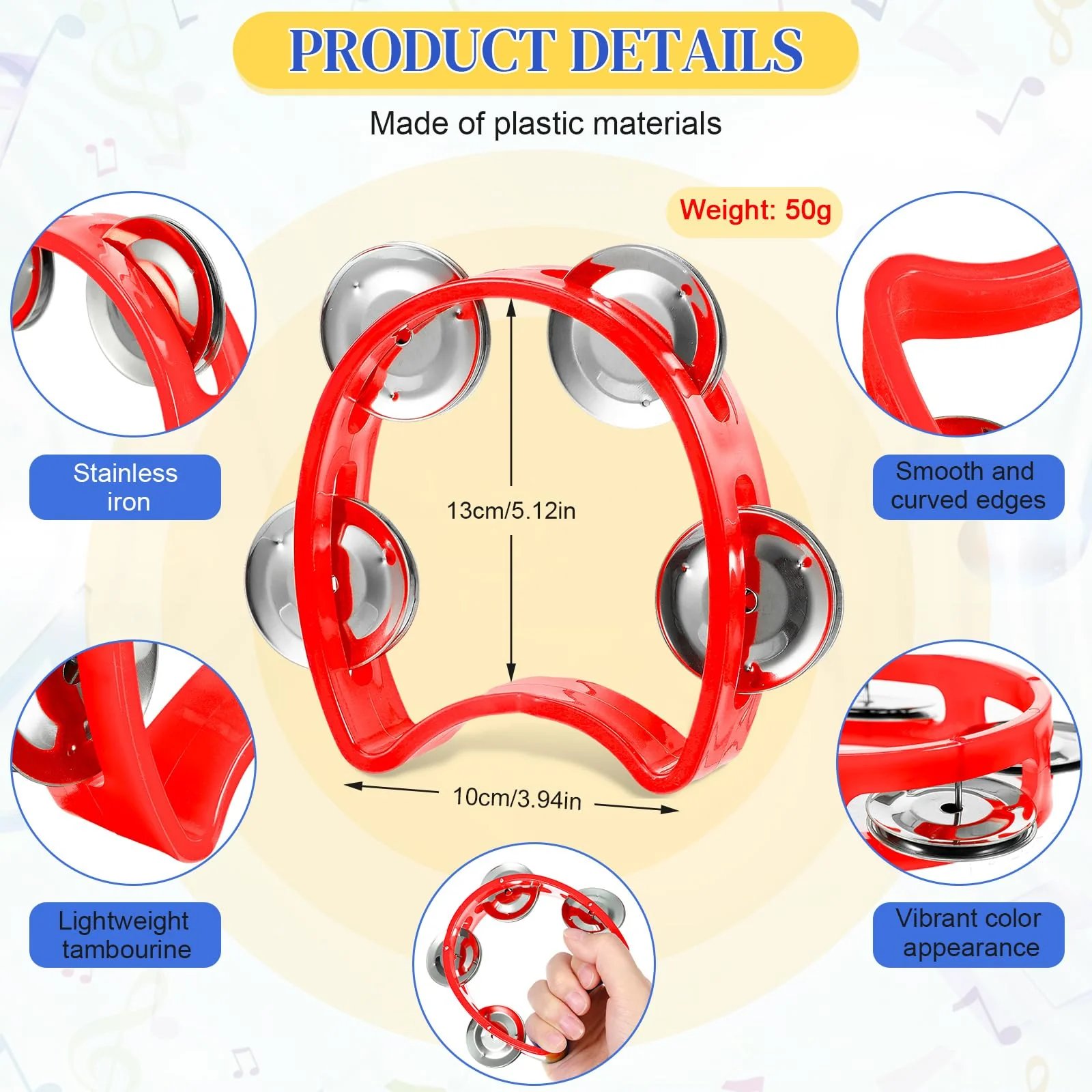 12 Pcs Plastic Percussion Tambourine with 4 Bells Rhythm Musical Instruments for Adults Hand Tambourine Hand Held Percussion Drum for Party Kindergarten Family School Supplies (Red) Red - Image 2