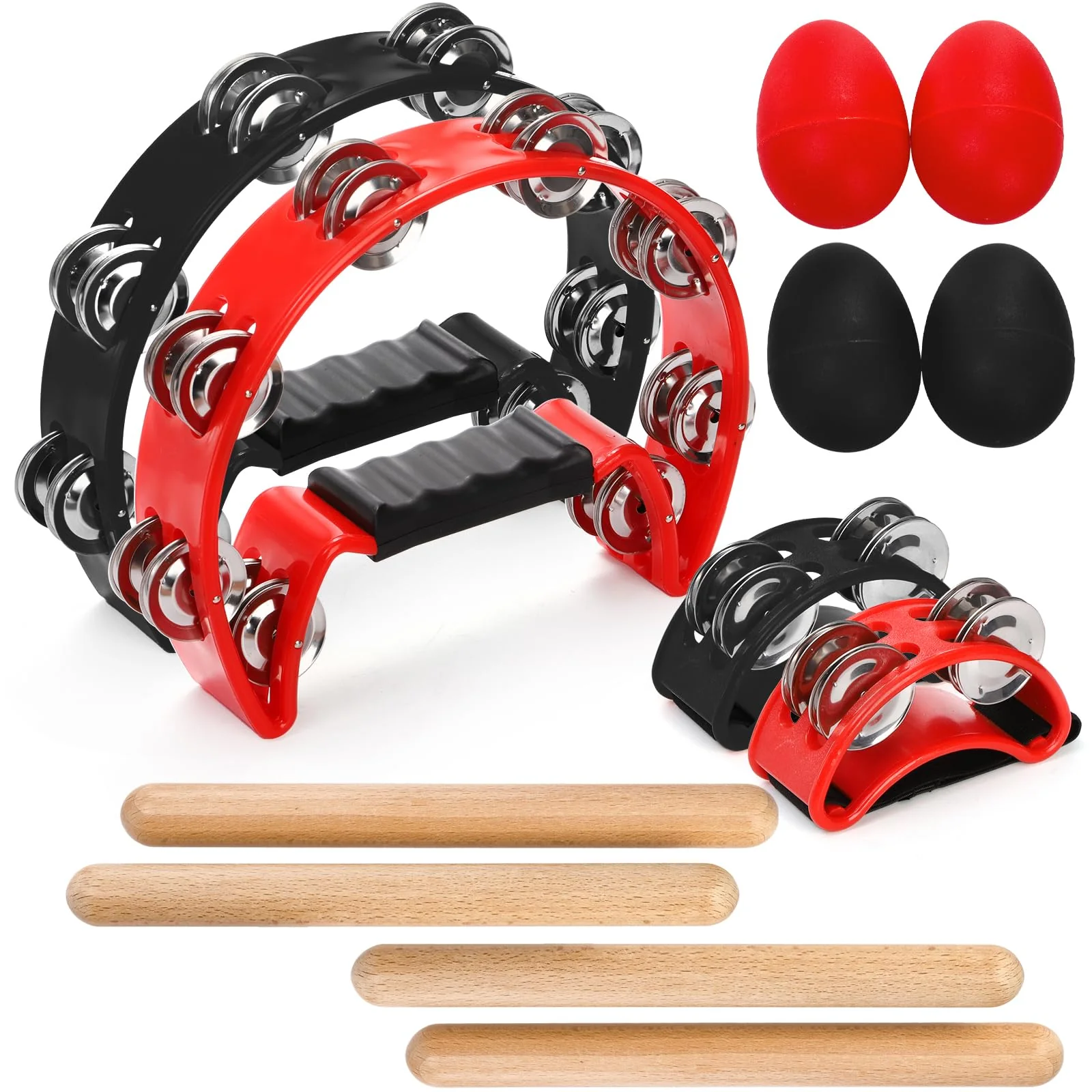 12 Pcs Tambourines for Adults, Hand Held Half Moon Tambourine with Foot Tambourine Wood Rhythm Sticks and Egg Shakers, Double Row Metal Jingles Hand Percussion Instrument Set for Party