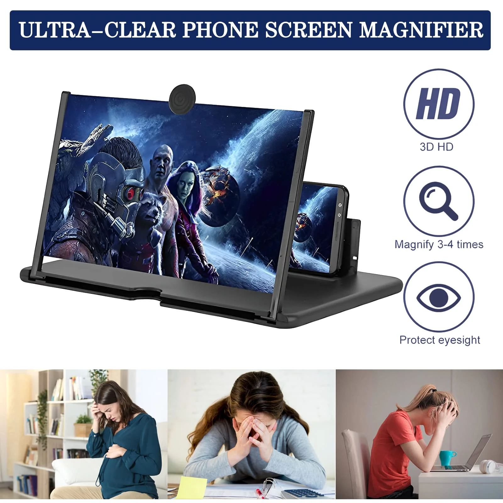 12" Screen Magnifier for Smartphone 3D HD Mobile Phone Screen Magnifier Video Expandable HD Screen Foldable for Watching Movies Videos, Playing Games, for All Smartphones(Black) 12" - Image 2