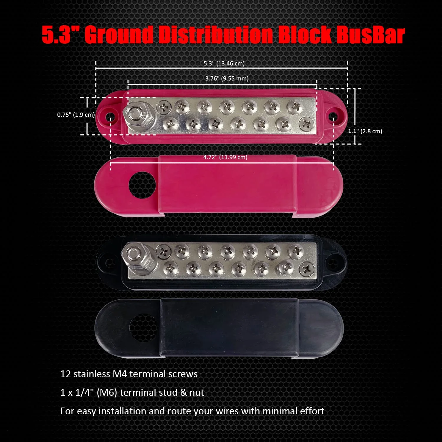 12 Terminals Bus Bar, Ampper 5.3" Nickle Plated Brass Power/Ground Distribution Block Battery BusBar Junction for Car Vehicle Rv Truck Marine Boat Audio Amplifier and More (1 Pair, Red & Black) - Image 3