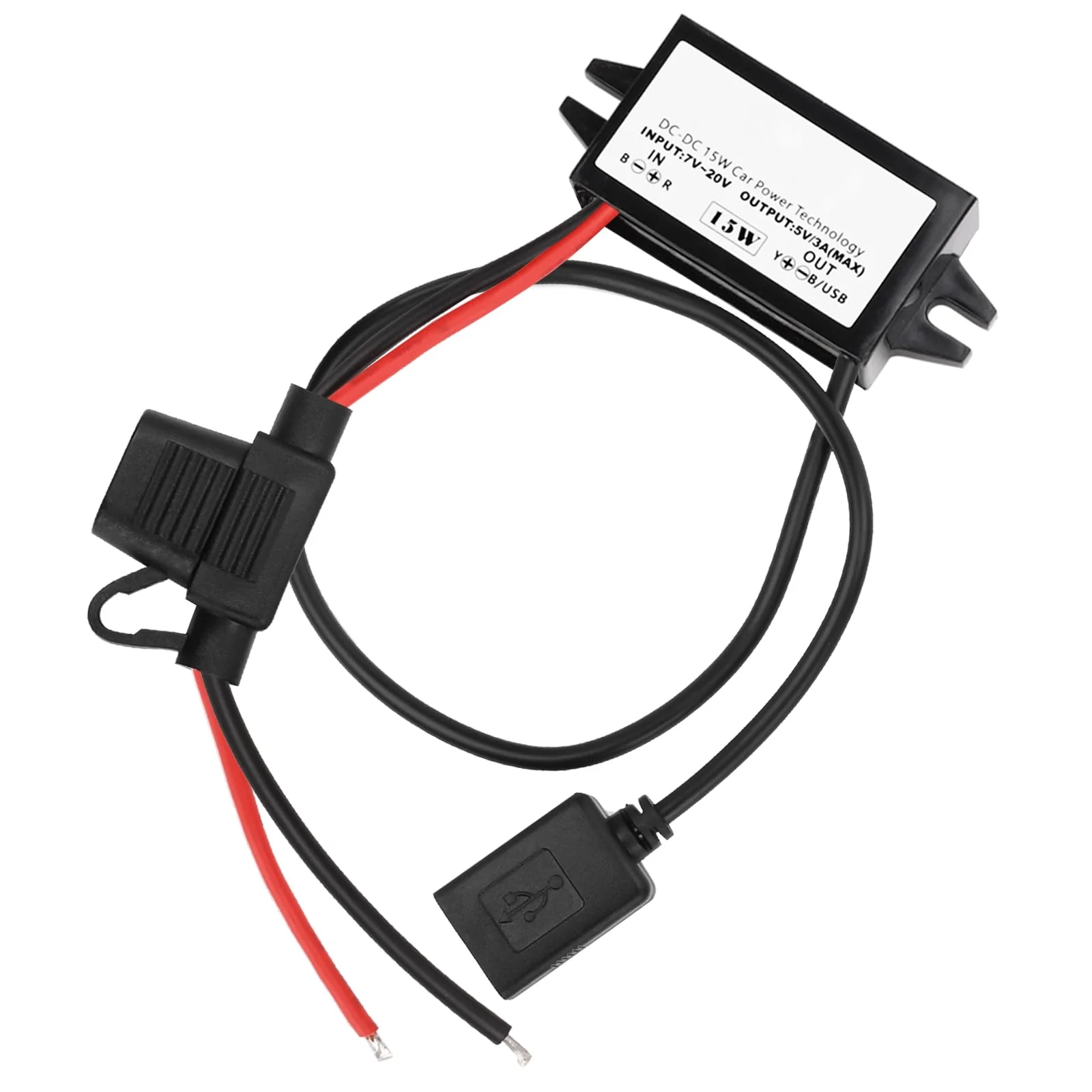 12 V to USB, 12 V to 5 V USB adapter, DC buck converter module 3 A 15 W DC to DC car power converter adapter with fuse (single USB) Single USB with fuse