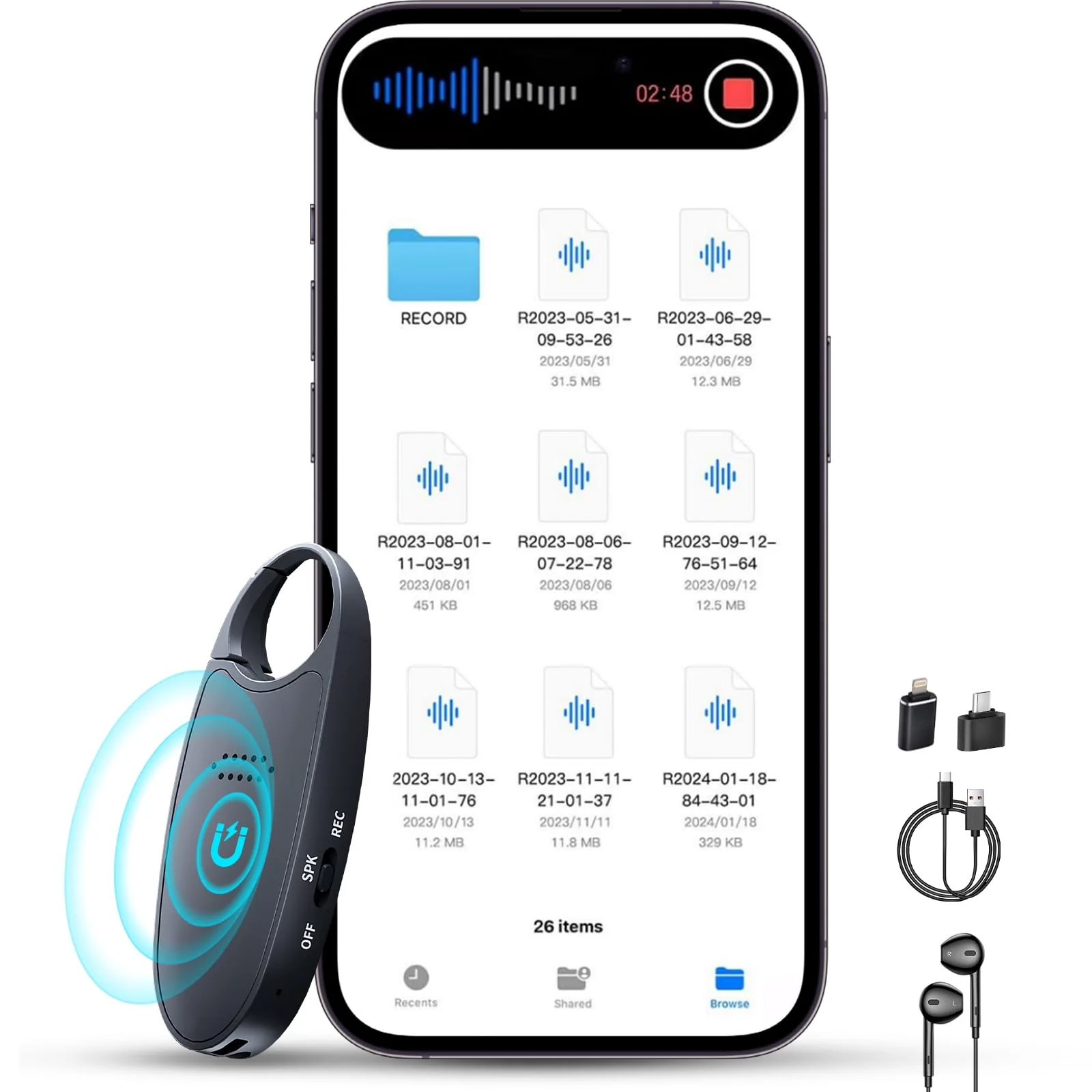 128GB (1600 Hour) Digital Voice Activated Recorder with Playback, 4-in-1 Mini Magnetic Keychain Audio Recorder with AI Noise Cancelling, Small Voice Device for Lectures, Meetings Black - 128 GB