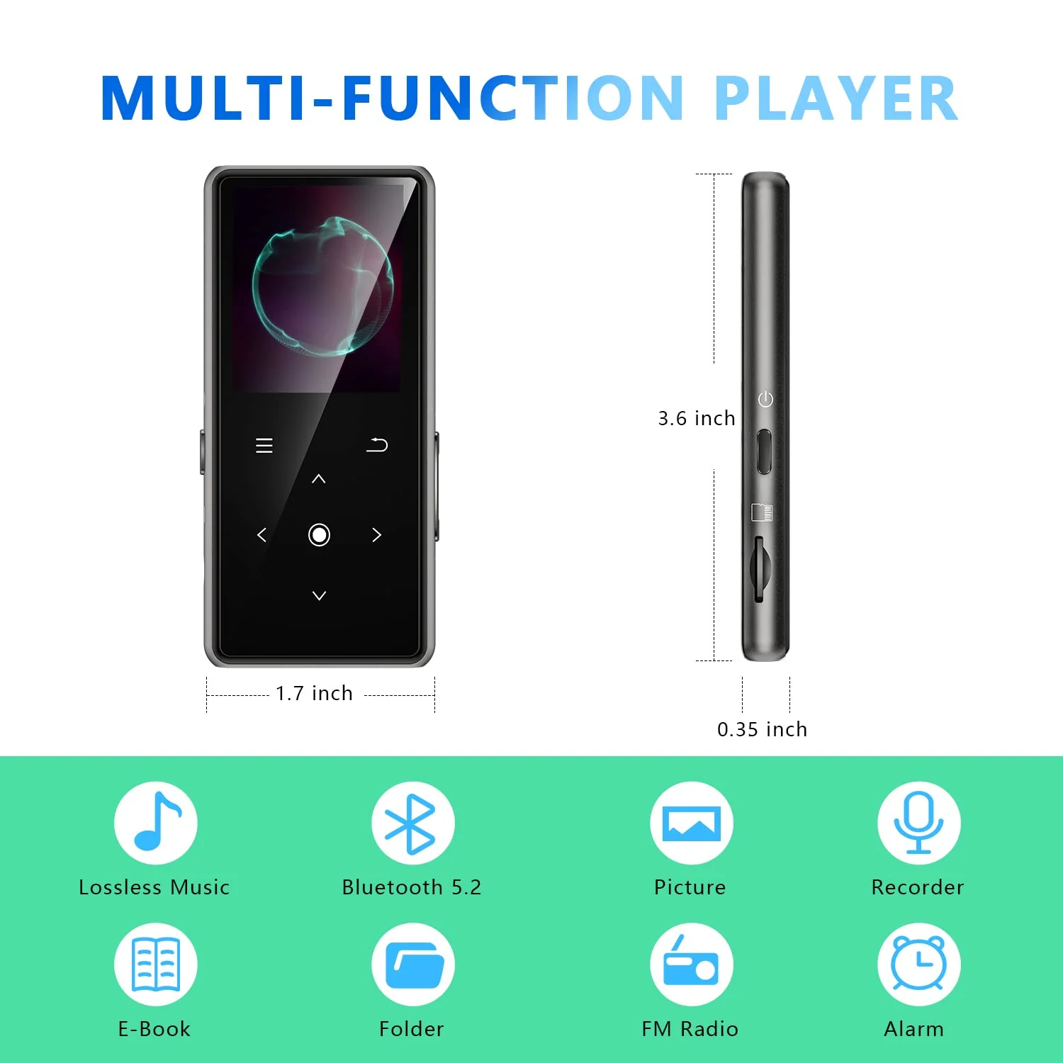 128GB MP3 Player with Bluetooth 5.2, AiMoonsa Music Player with Built-in HD Speaker, FM Radio, Voice Recorder, HiFi Sound, E-Book Function, Earphones Included (Black 128G) Black 128G - Image 7