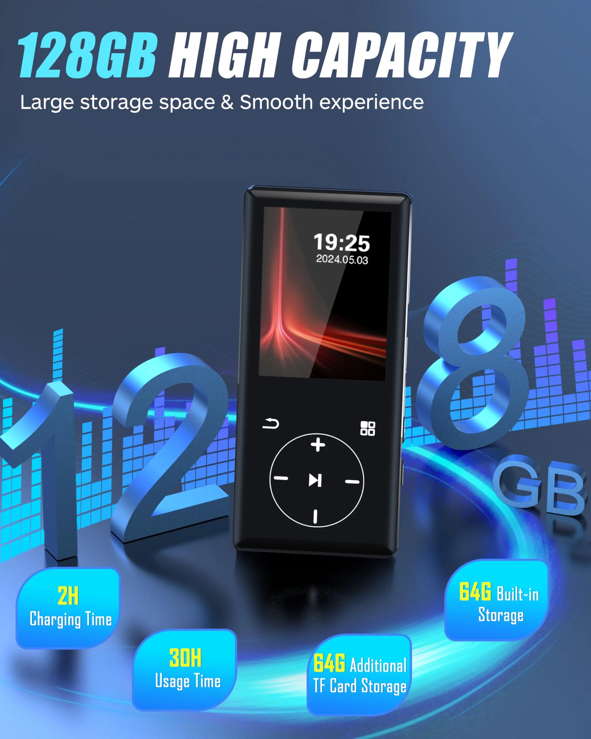 128GB MP3 Player with Bluetooth - Portable Mp3 Music Player with HiFi Speaker, 2.4" Screen MP3 Player with Voice Recorder, FM Radio, Touch Buttons,Support up to 256GB SD Card (Black) 128G - Image 2