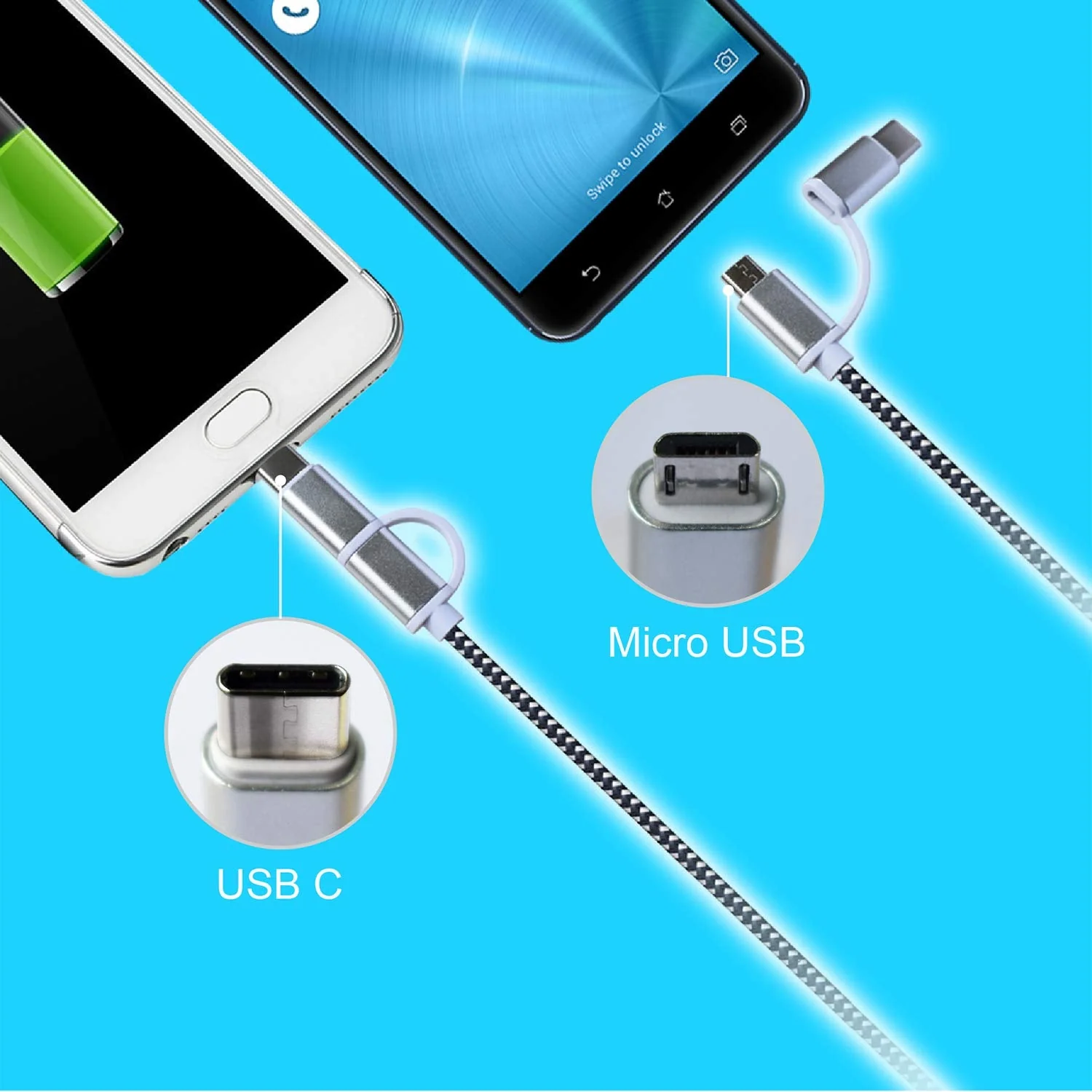 12V-24V Car Cigarette Lighter USB Charger,Arttron Dual Port 24W 4.8A Car Fast Charger Adapter(Premium Alloy Head) with 1X3Ft Type C 2 in 1 Fast Charging&Data-transfer Cable,for Samsung,iphone,Android. Black/grey - Image 2