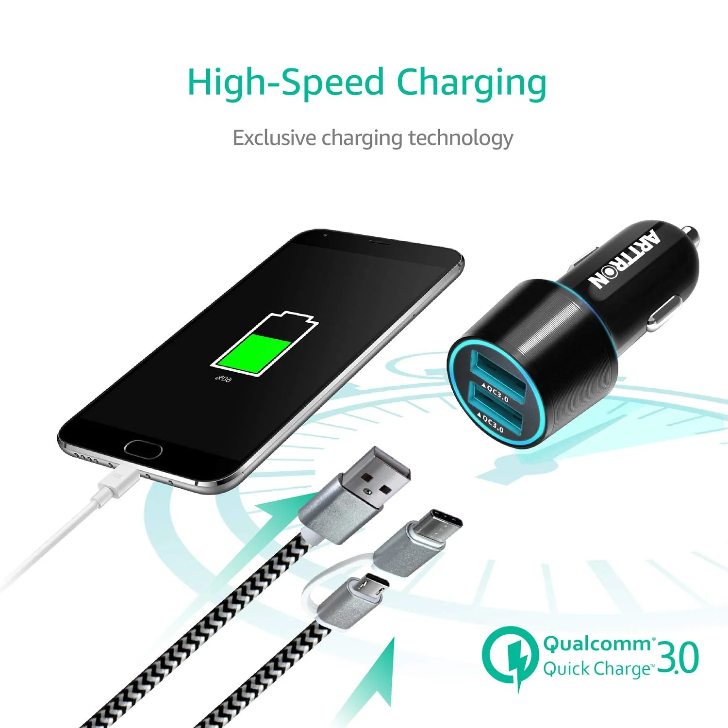 12V-24V Car Cigarette Lighter USB Charger,Arttron Dual Port 24W 4.8A Car Fast Charger Adapter(Premium Alloy Head) with 1X3Ft Type C 2 in 1 Fast Charging&Data-transfer Cable,for Samsung,iphone,Android. Black/grey - Image 4