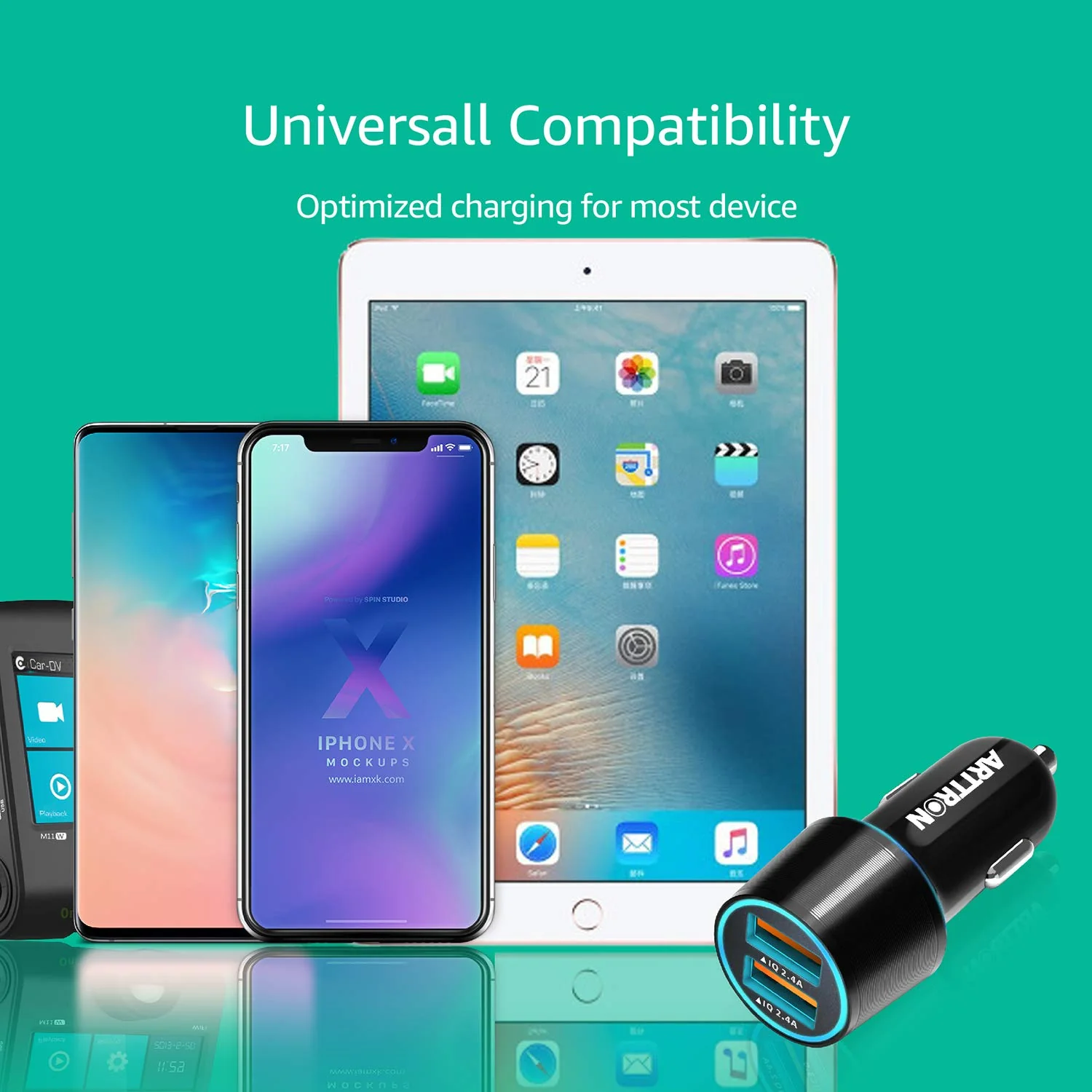 12V-24V Car Cigarette Lighter USB Charger,Arttron Dual Port 24W 4.8A Car Fast Charger Adapter(Premium Alloy Head) with 1X3Ft Type C 2 in 1 Fast Charging&Data-transfer Cable,for Samsung,iphone,Android. Black/grey - Image 5