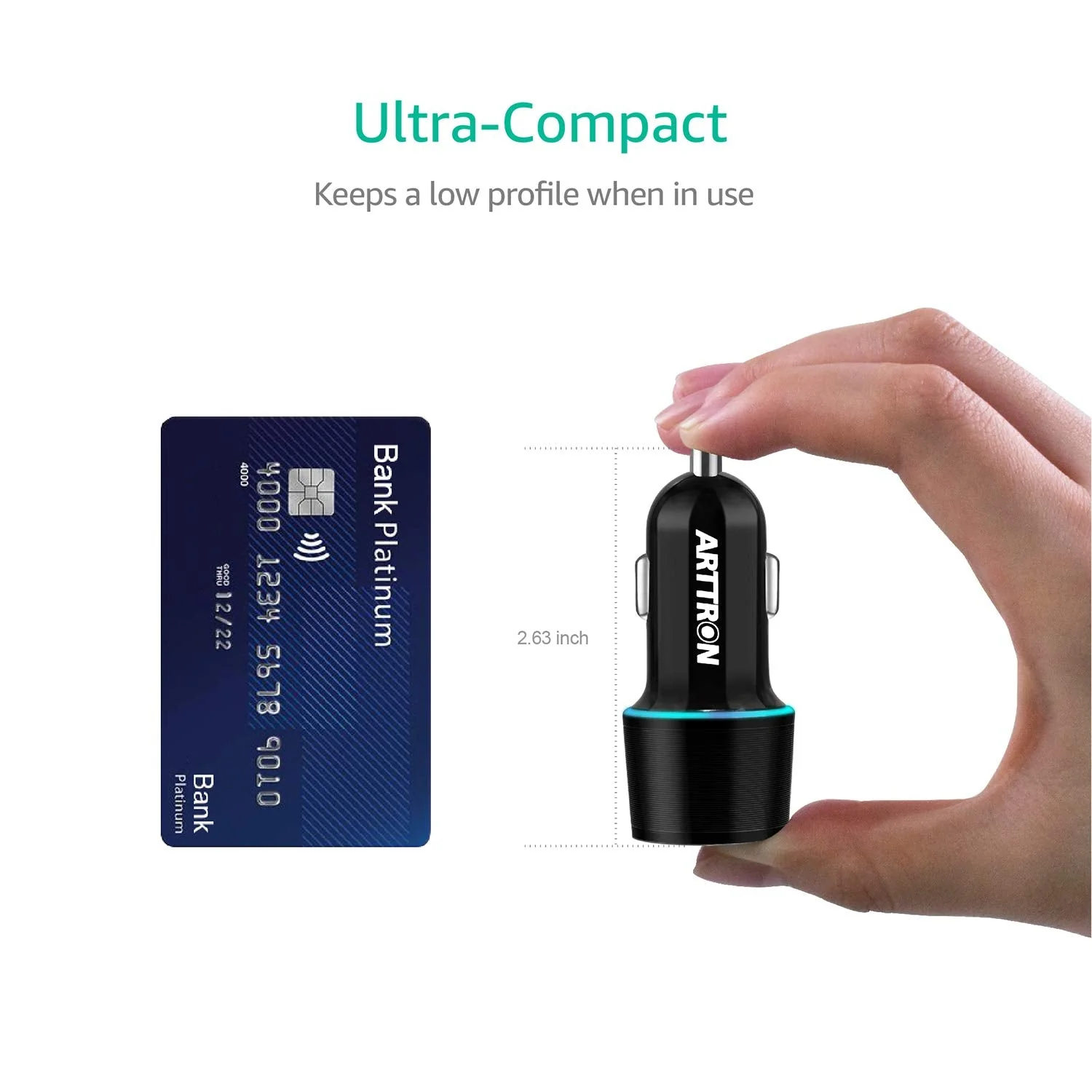 12V-24V Car Cigarette Lighter USB Charger,Arttron Dual Port 24W 4.8A Car Fast Charger Adapter(Premium Alloy Head) with 1X3Ft Type C 2 in 1 Fast Charging&Data-transfer Cable,for Samsung,iphone,Android. Black/grey - Image 7