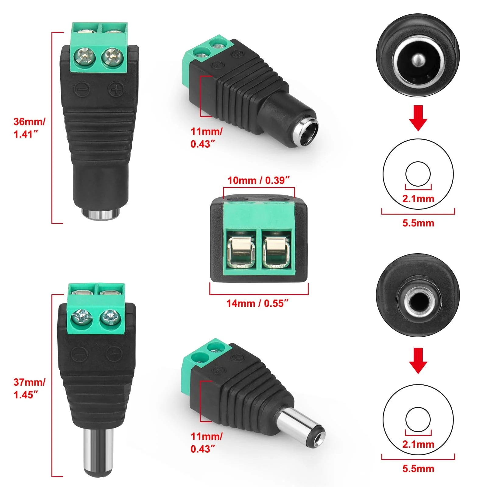 12V DC Adapter Plug 5.5mm x 2.1mm, 10 Pair (10 x Male + 10 x Female) DC Power Connector for LED Strip CCTV Security Camera Cable End Plugs (Male & Female) Male & Female - Image 3