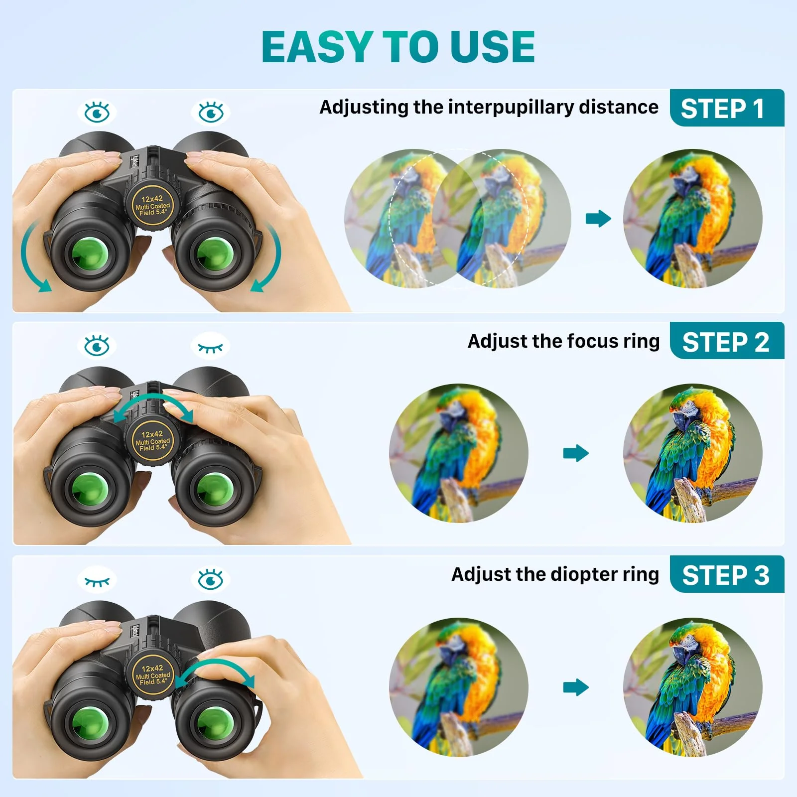 12X42 Binoculars for Adults with Universal Phone Adapter, HD Waterproof Fogproof Compact Binoculars for Bird Watching, Hunting, Hiking, Sports, and Concerts with BAK4 Prism FMC Lens - Image 4