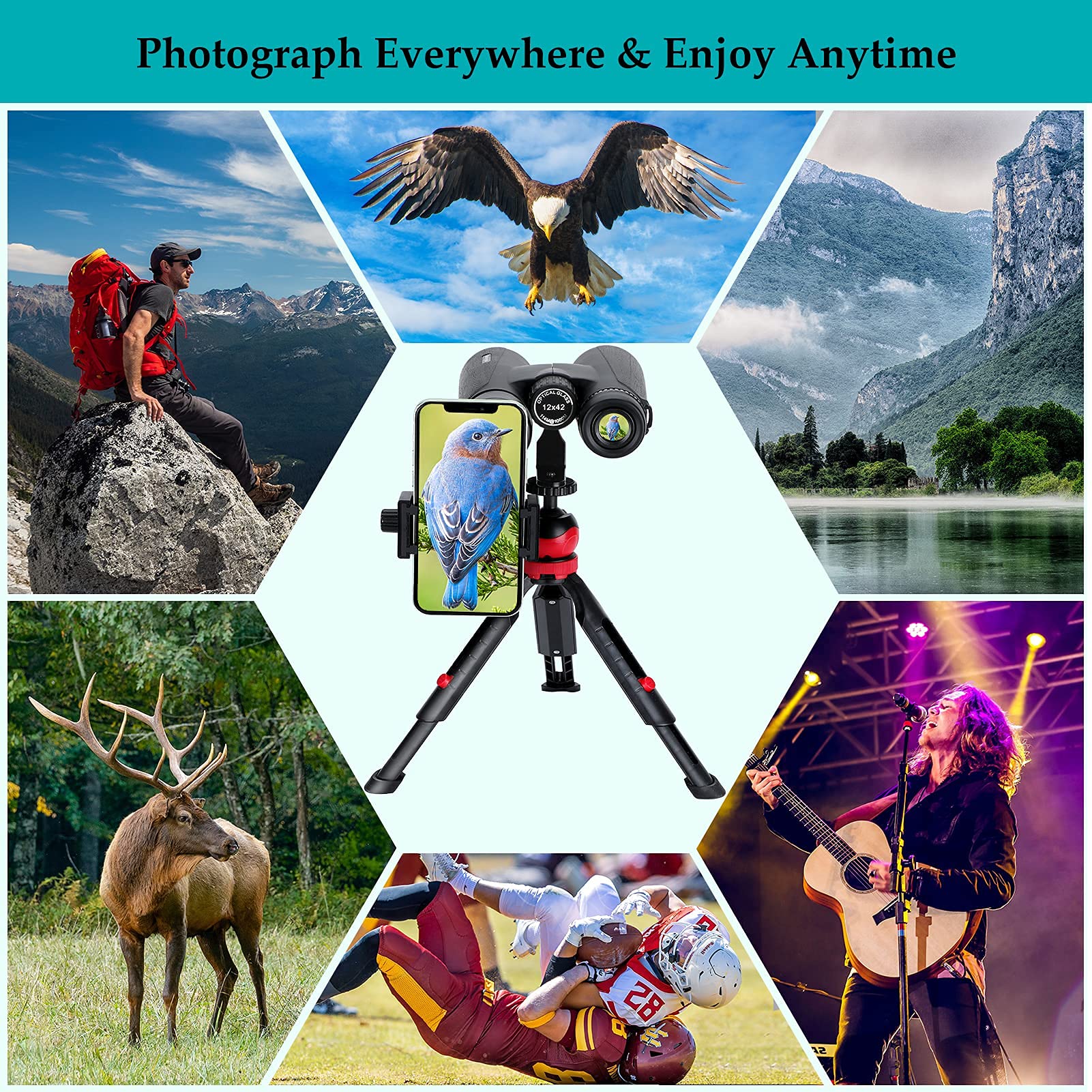 12x42 HD Binoculars for Adults with Upgraded Phone Adapter, Tripod and Tripod Adapter - Large View Binoculars with Clear Low Light Vision - Waterproof Binoculars for Bird Watching Hunting Travel - Image 6