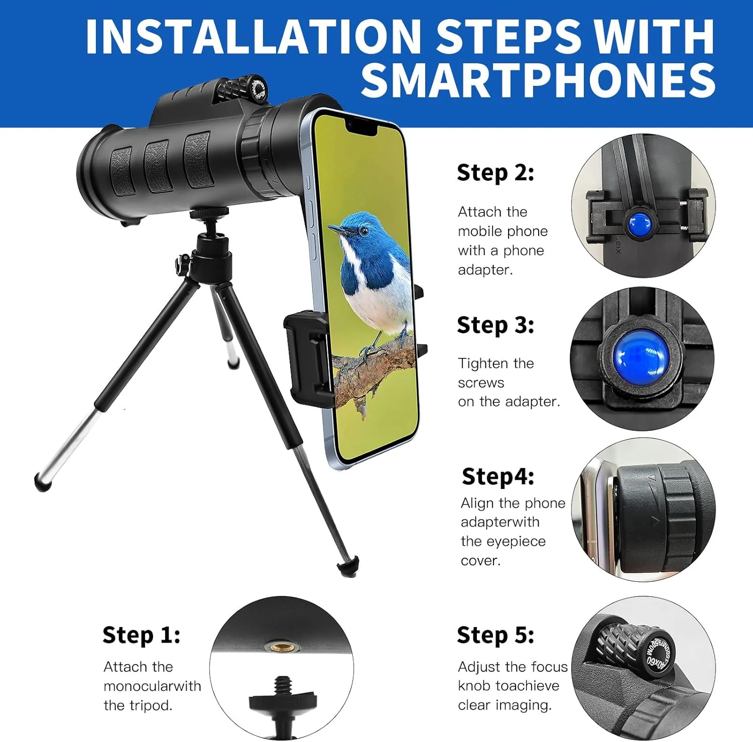 12X50 HD Monocular Telescope High Powered with Smartphone Adapter &Tripod - BAK4 Prism Monocular for Wildlife Bird Watching Hunting Travel Camping Stargazing Hiking(Black) Black - Image 3