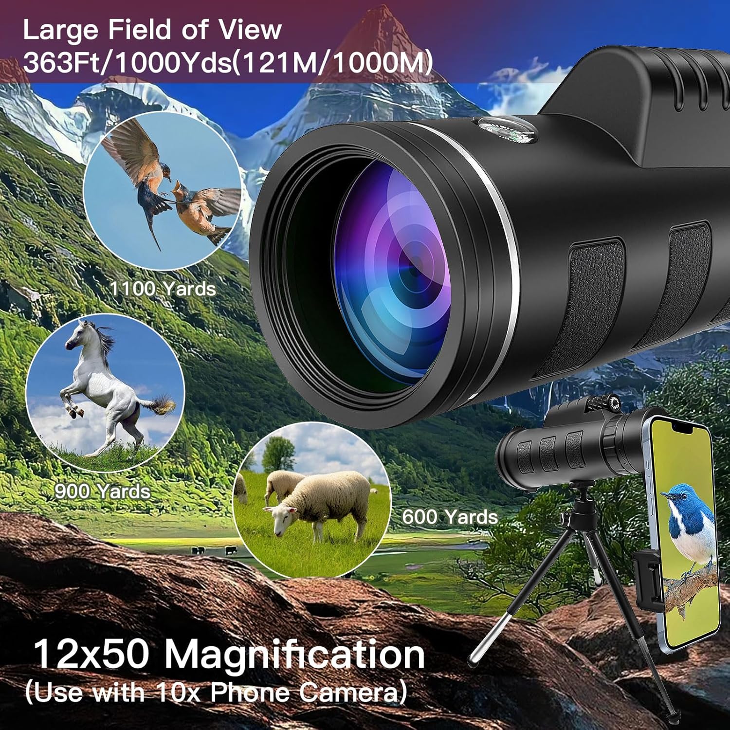 12X50 HD Monocular Telescope High Powered with Smartphone Adapter &Tripod - BAK4 Prism Monocular for Wildlife Bird Watching Hunting Travel Camping Stargazing Hiking(Black) Black - Image 5