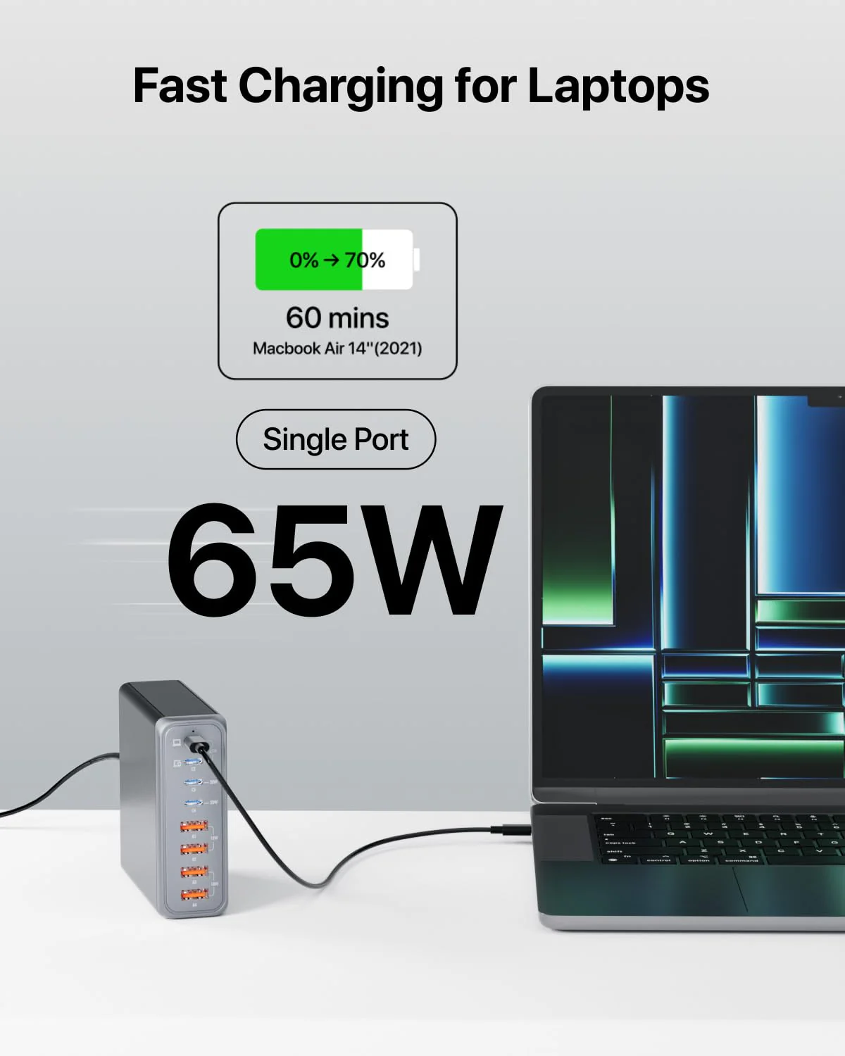 140W USB C Charger 8 Port GaN Charger, Portable Fast USB C Charging Station 65W Laptop Adapter for MacBook Pro/air ipad iPhone 15/Pro Galaxy etc, Travel Essentials (Black) Black - Image 3