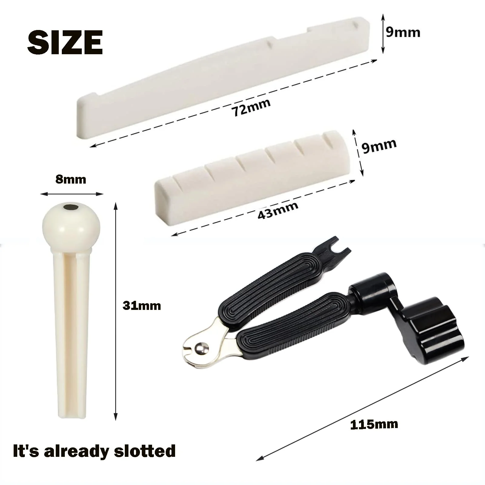 14Pcs Acoustic Guitar Bridge Pins String Pegs Guitar Saddle Nut With 3-In-1 Pin Puller Remover Guitar String Winder And Cutter Guitar Parts Accessories Replacement Tools Kits(white+black) C:14pcs+3-in-1 Pin Puller - Image 4