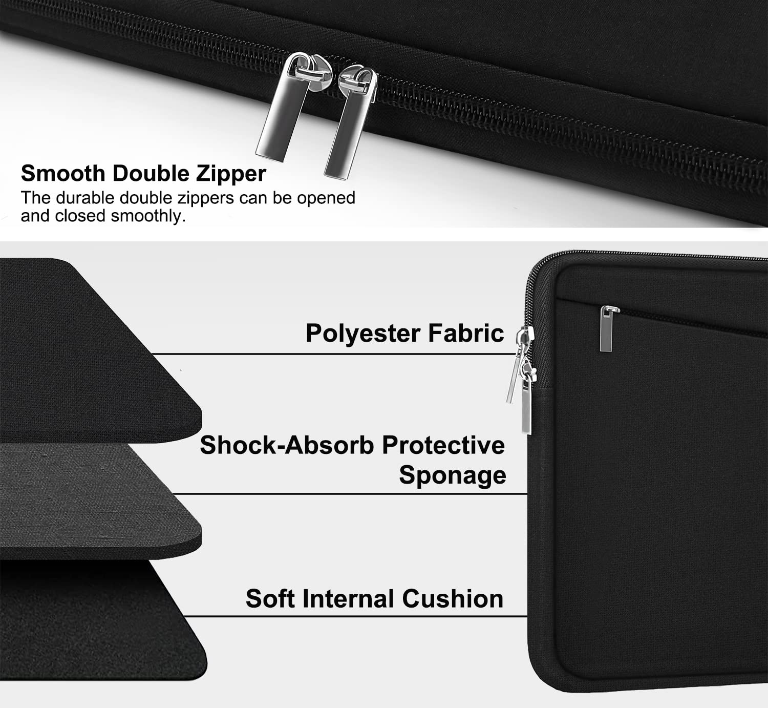 15.6 inch Laptop Sleeve, Durable Computer Carrying Bag Protective Case Briefcase Handbag with Front Pocket, Slim Cover for 15-16 Inch HP, Dell, Lenovo, Asus, Notebook, Black 15.6 Inch - Image 2