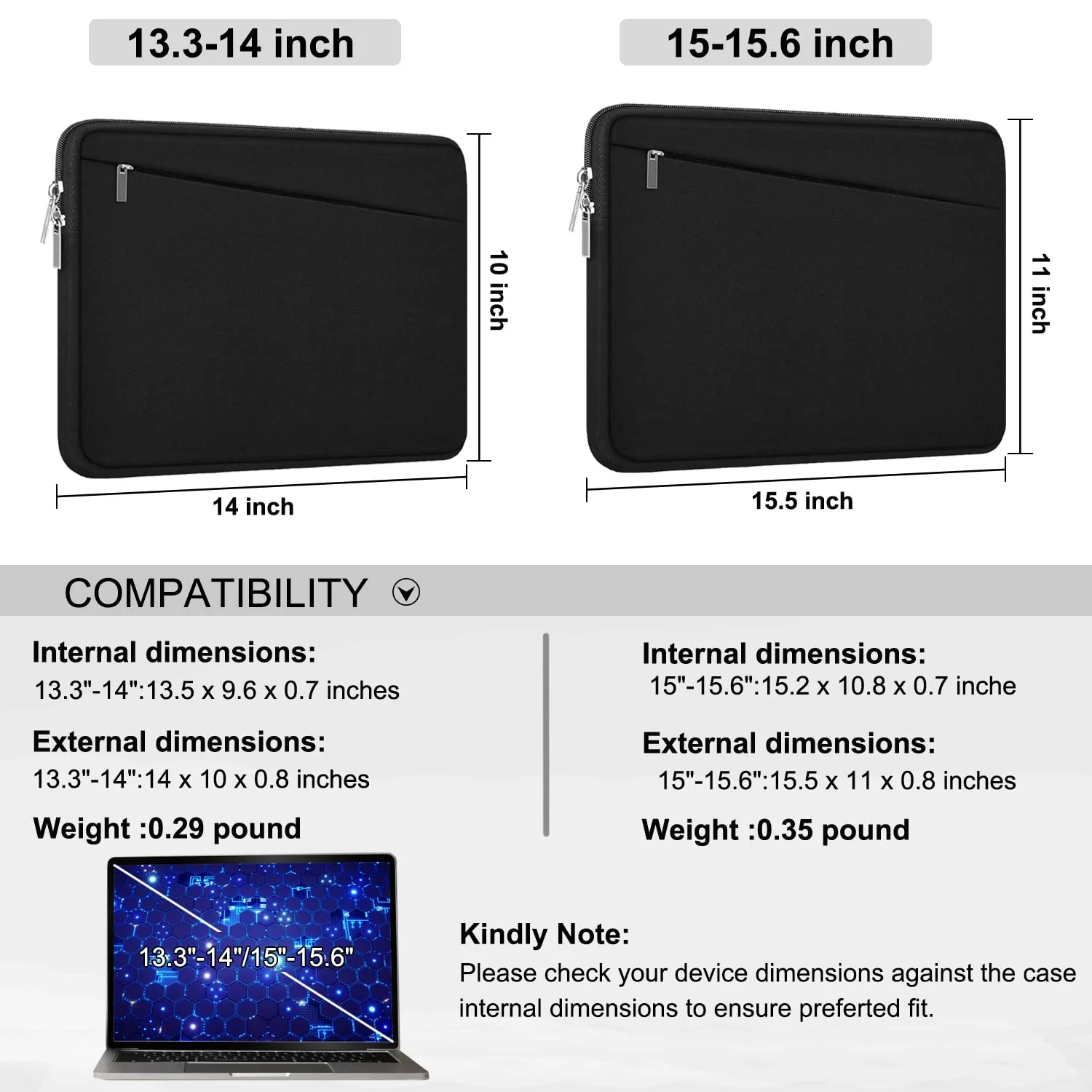 15.6 inch Laptop Sleeve, Durable Computer Carrying Bag Protective Case Briefcase Handbag with Front Pocket, Slim Cover for 15-16 Inch HP, Dell, Lenovo, Asus, Notebook, Black 15.6 Inch - Image 6