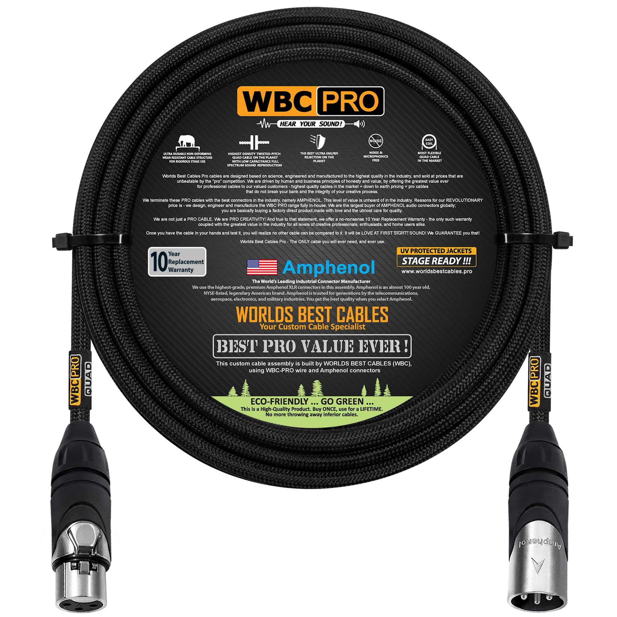 15 Foot - WBC-PRO-Quad Ultra-Silent Ultra-Flexible Balanced Star-Quad Cable with Amphenol Male & Female XLR Plugs & Black Tweed Jacket