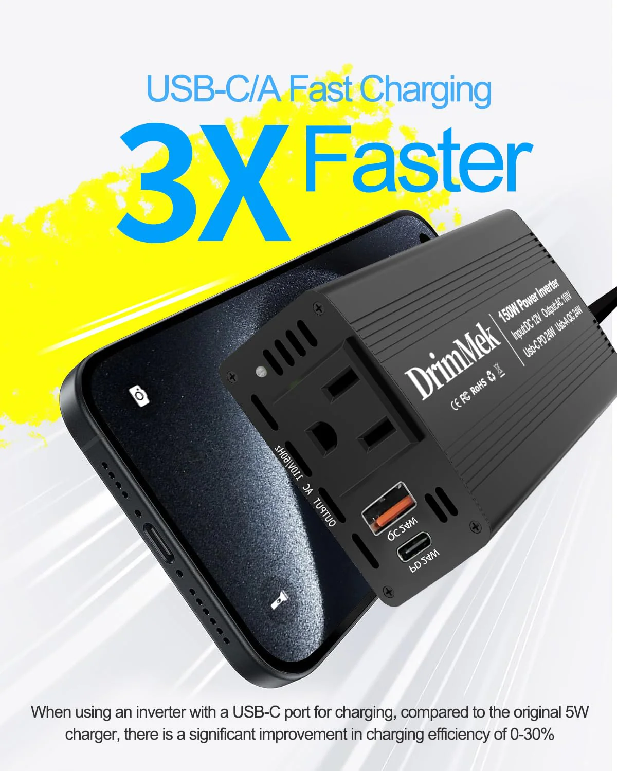 150W Car Power Inverter DC 12V to 110V AC Car Plug Adapter Outlet with Fast Charger 24W USB-C/24W USB-A, for Laptop Car Charger - Image 3