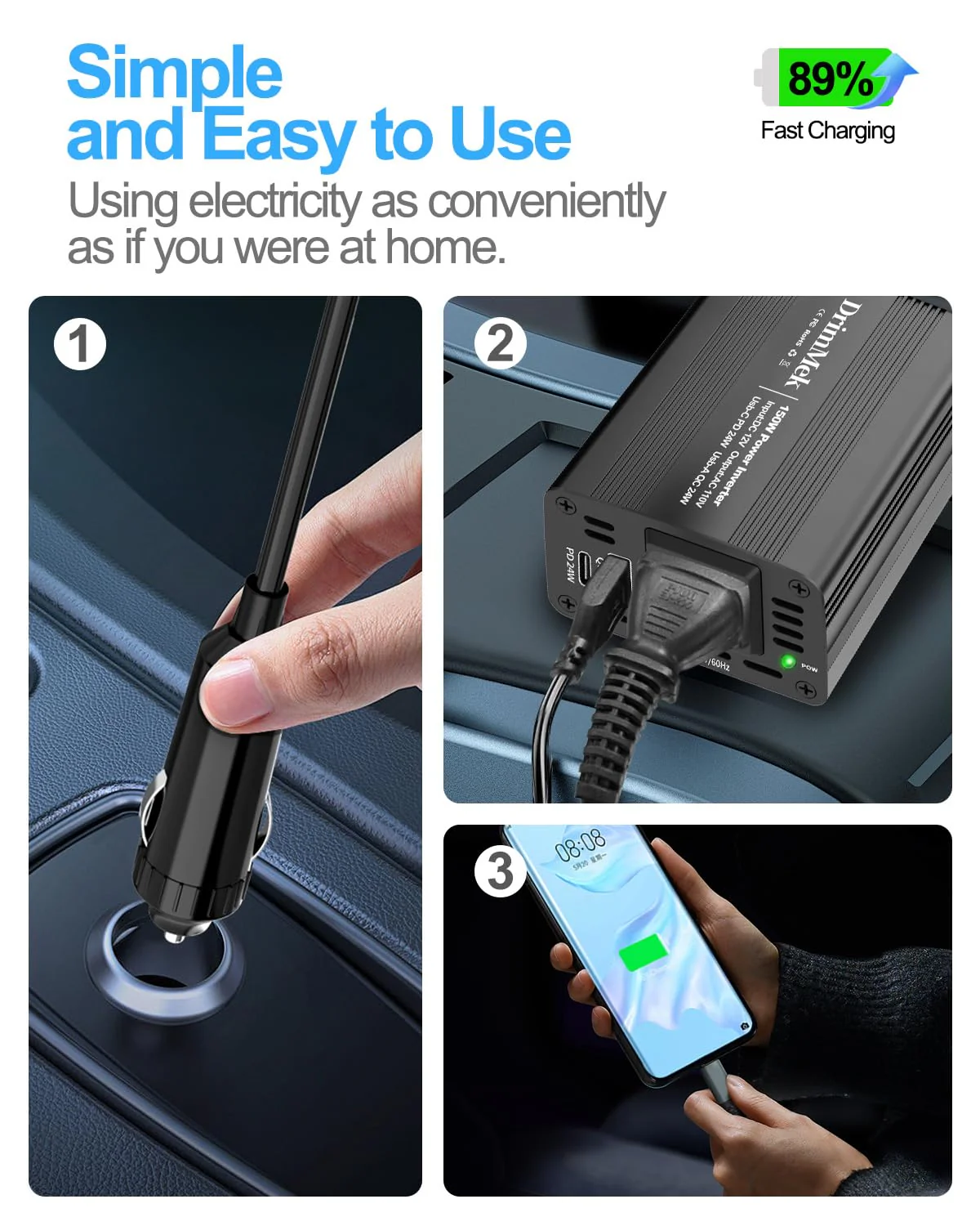150W Car Power Inverter DC 12V to 110V AC Car Plug Adapter Outlet with Fast Charger 24W USB-C/24W USB-A, for Laptop Car Charger - Image 5